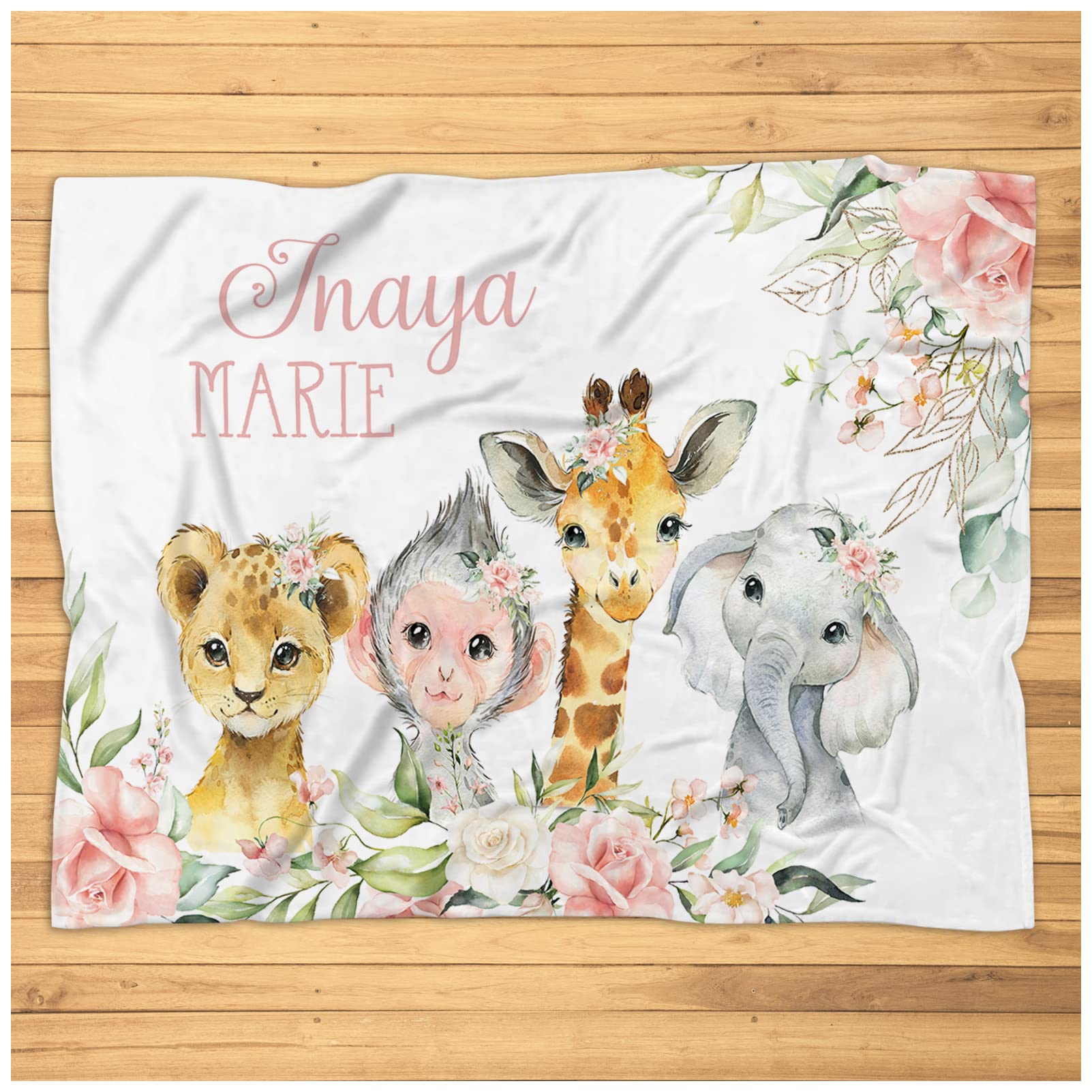 Personalized Monogrammed Baby Blanket for Girls - Floral Safari Theme with Custom Name - Super Soft Plush Nursery Blanket - Perfect for Crib, Stroller, and Photo Shoots