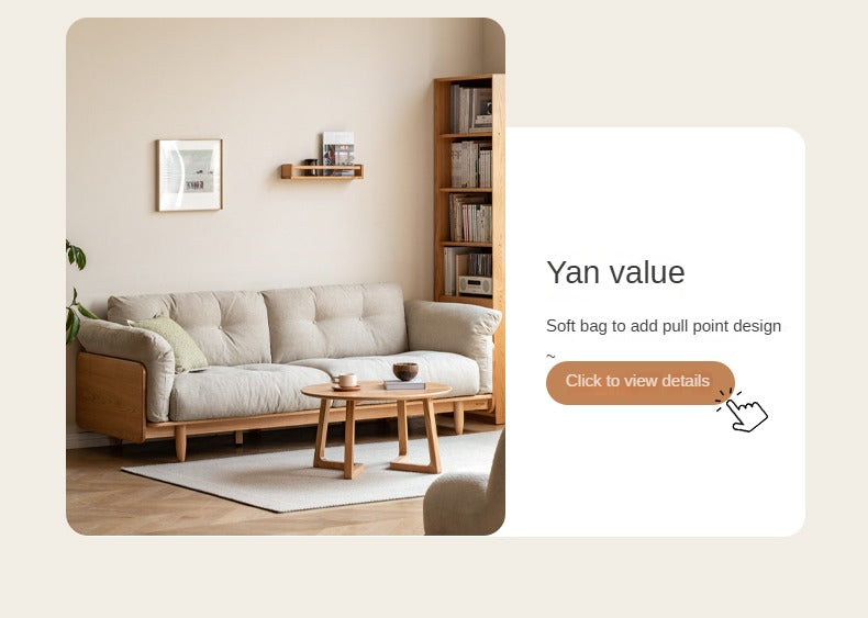Premium Oak Solid Wood Genuine Leather Fabric Sofa - Modern Living Room Furniture for Home & Office - Comfortable Seating for Relaxation & Entertainment