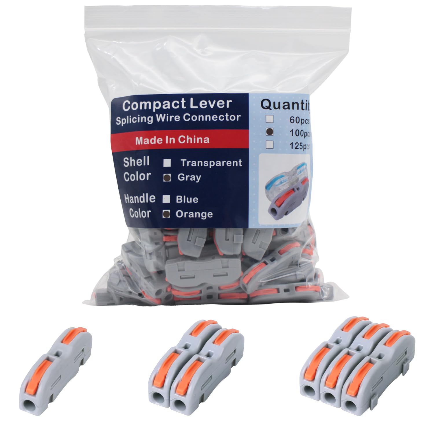 1 Conductor Circuit Inline Wire Connectors - Push-in Terminal Block Electrical Connectors (100 Pcs, Gray with Orange Handle) for Home Wiring, Automotive Electrical Systems & DIY Electronics Projects