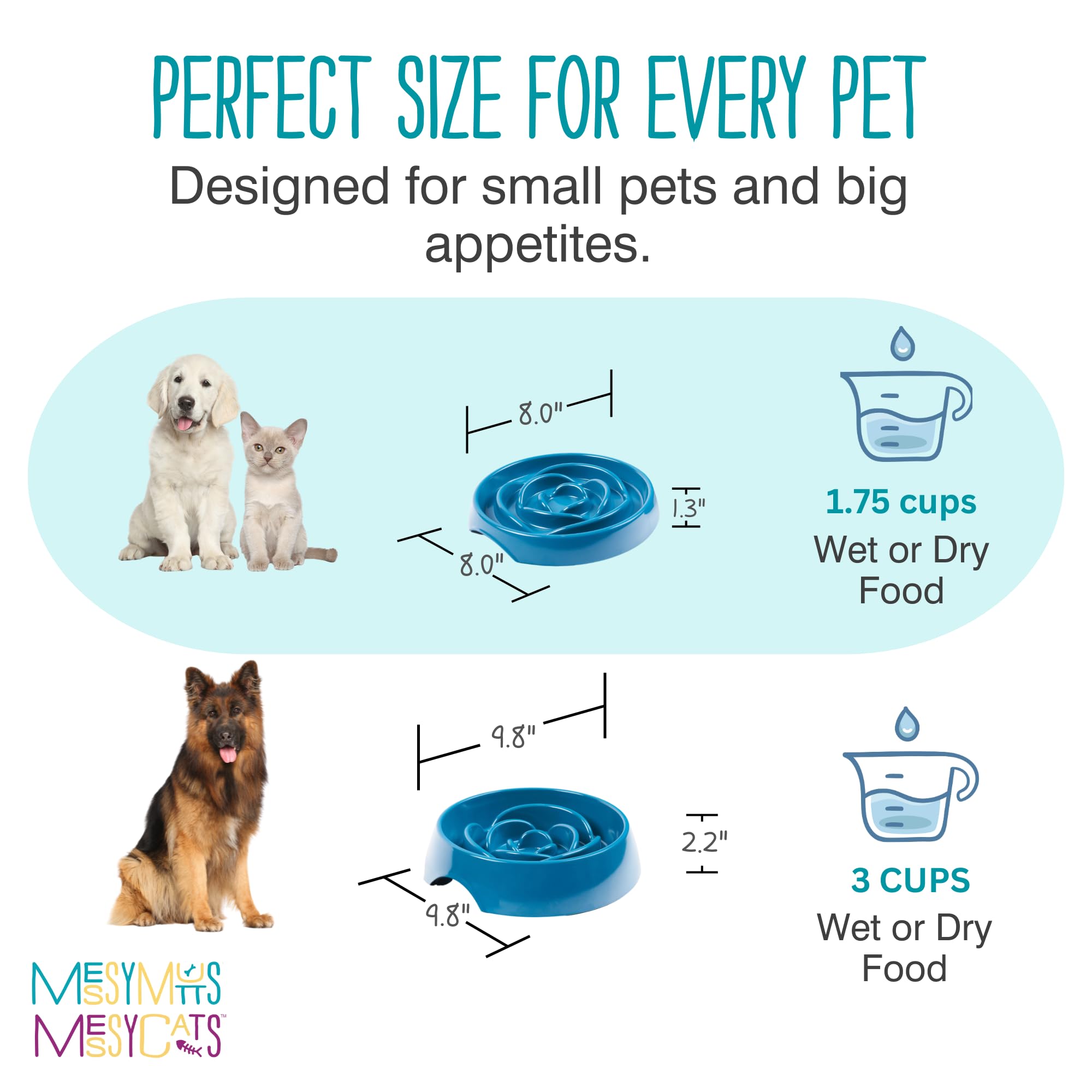 Messy Mutts Interactive Slow Feeder Dog Bowl – Puzzle Feeder for Dogs & Cats to Slow Eating, Prevent Bloating – 8” x 1.3” – 1.75 Cup Capacity – Blue – Perfect for Mealtime Enrichment & Digestive Health
