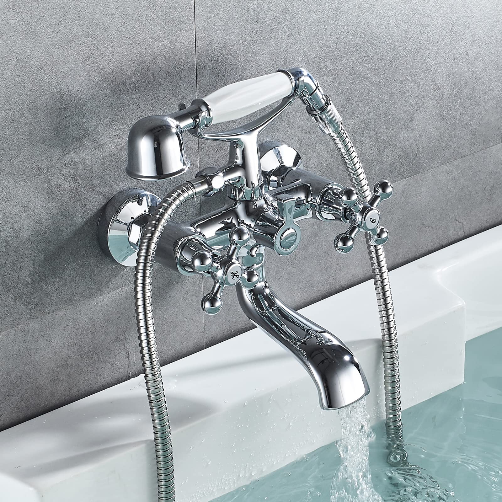 Vintage Bath-Shower Mixer Tap with Double Lever & Hand Shower - Chrome Finish for Modern Bathrooms | Flexible Hose & Stand Included | Perfect for Spa-Like Showers & Bathing Experience