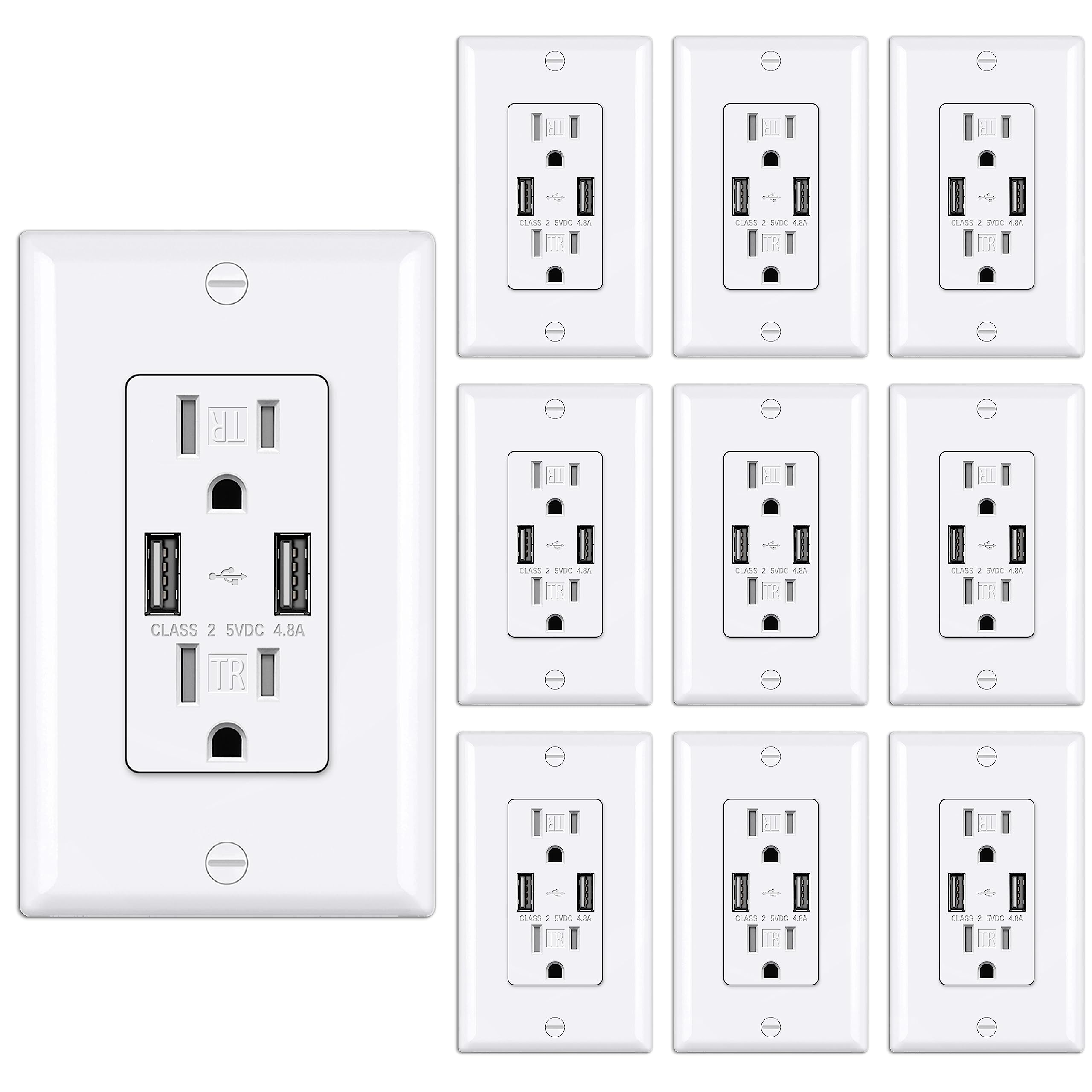BESTTEN 10 Pack Dimmer Light Switch & 15 Amp 4.8A USB Outlet Combo - UL Listed White Wall Plate for Smartphones, Tablets & USB Devices - Perfect for Home, Office & Bedroom Lighting Control & Charging Stations