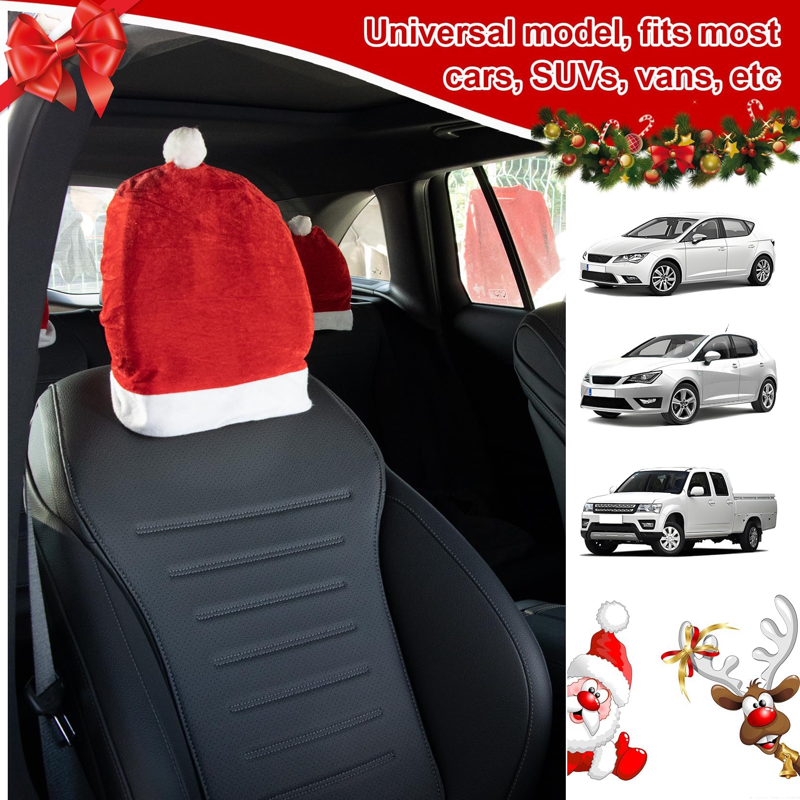 4PCS Universal Santa Claus Hat Car Headrest Covers - Festive Christmas Car Decoration for Holiday Parties, New Year Celebrations, and Seasonal Car Accessories