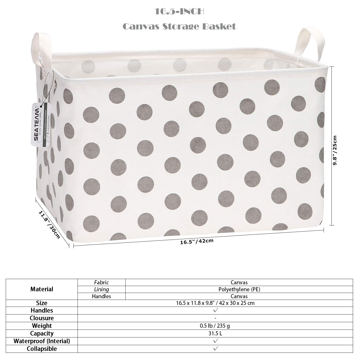 Collapsible Canvas Storage Basket with Handles - Foldable Waterproof Fabric Bin for Closet, Shelf, and Home Organization - 16.5 x 11.8 x 9.8 Inches Grey Dot Storage Box - Perfect for Toys, Laundry, and Bedroom Decor