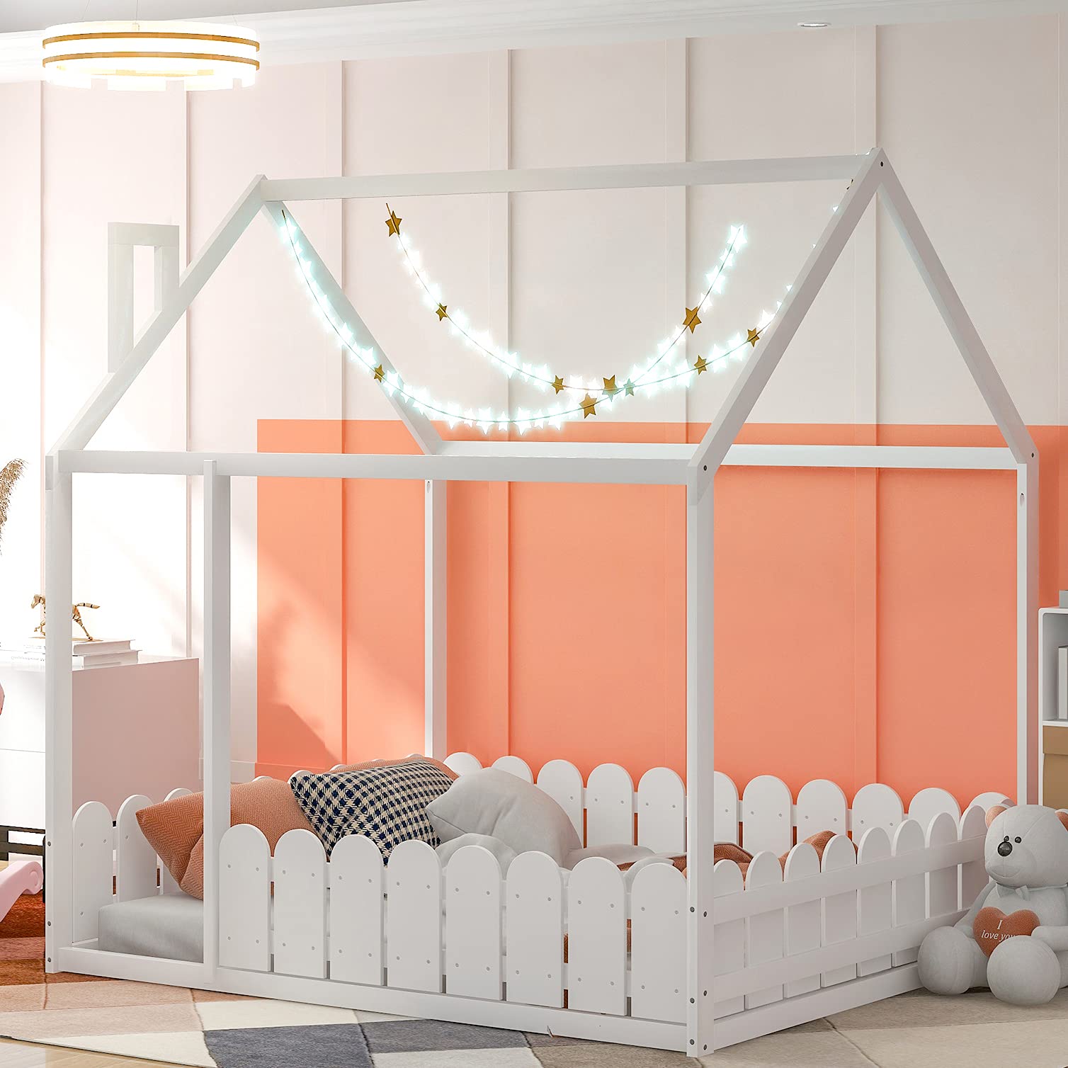 **Full Size House Bed Frame with Roof - Playhouse Kids Bed for Girls & Boys, White (Box Spring Required) - Perfect for Bedrooms, Playrooms & Imaginative Play**