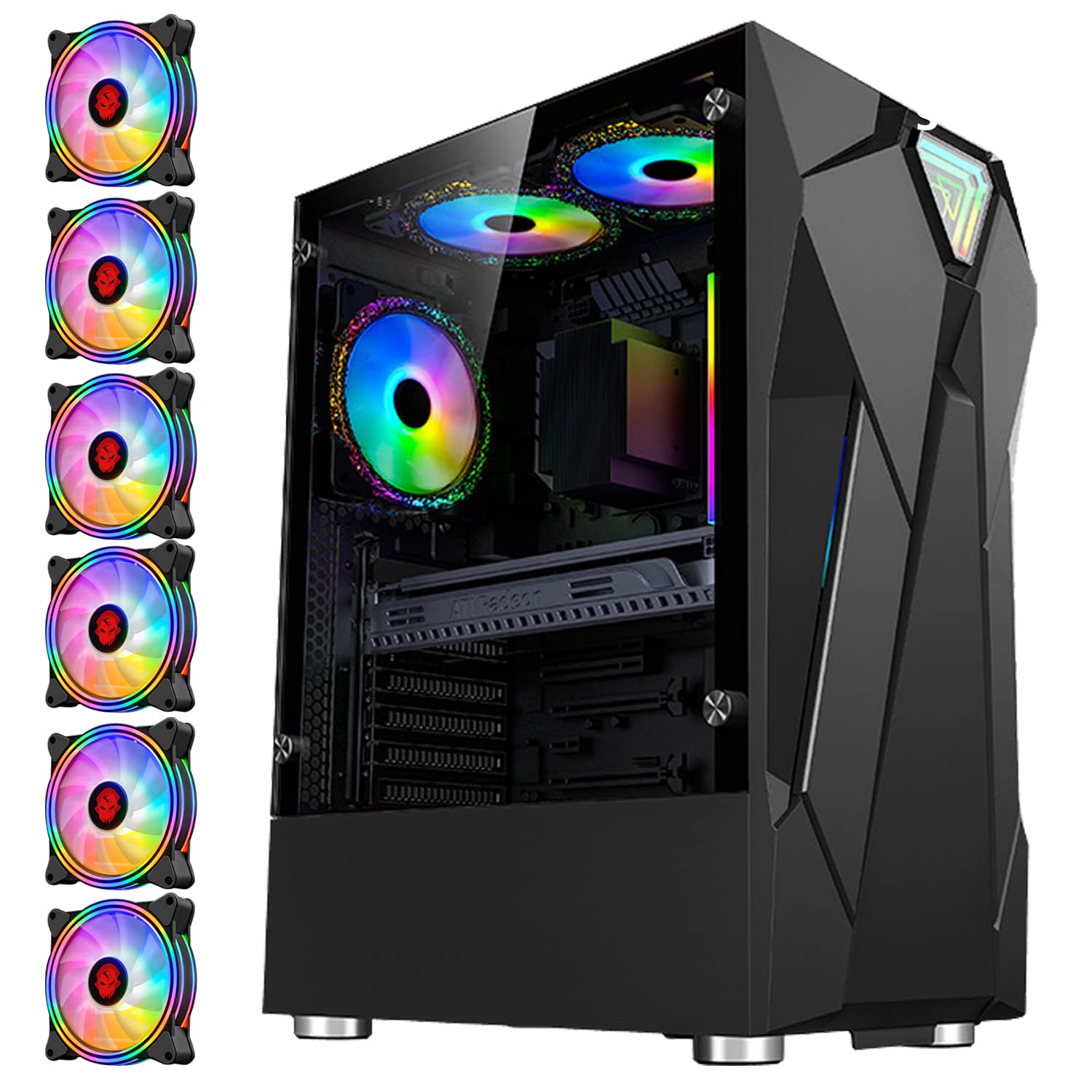 6-Pack 120mm RGB PC Cooling Fans with Fixed Lighting - High Airflow ATX Mid-Tower Computer Case for Gaming PCs, USB 3.0 Ports & Tempered Glass Side Panel (Black) - Perfect for Gaming Rigs, Workstations, and High-Performance Cooling Systems
