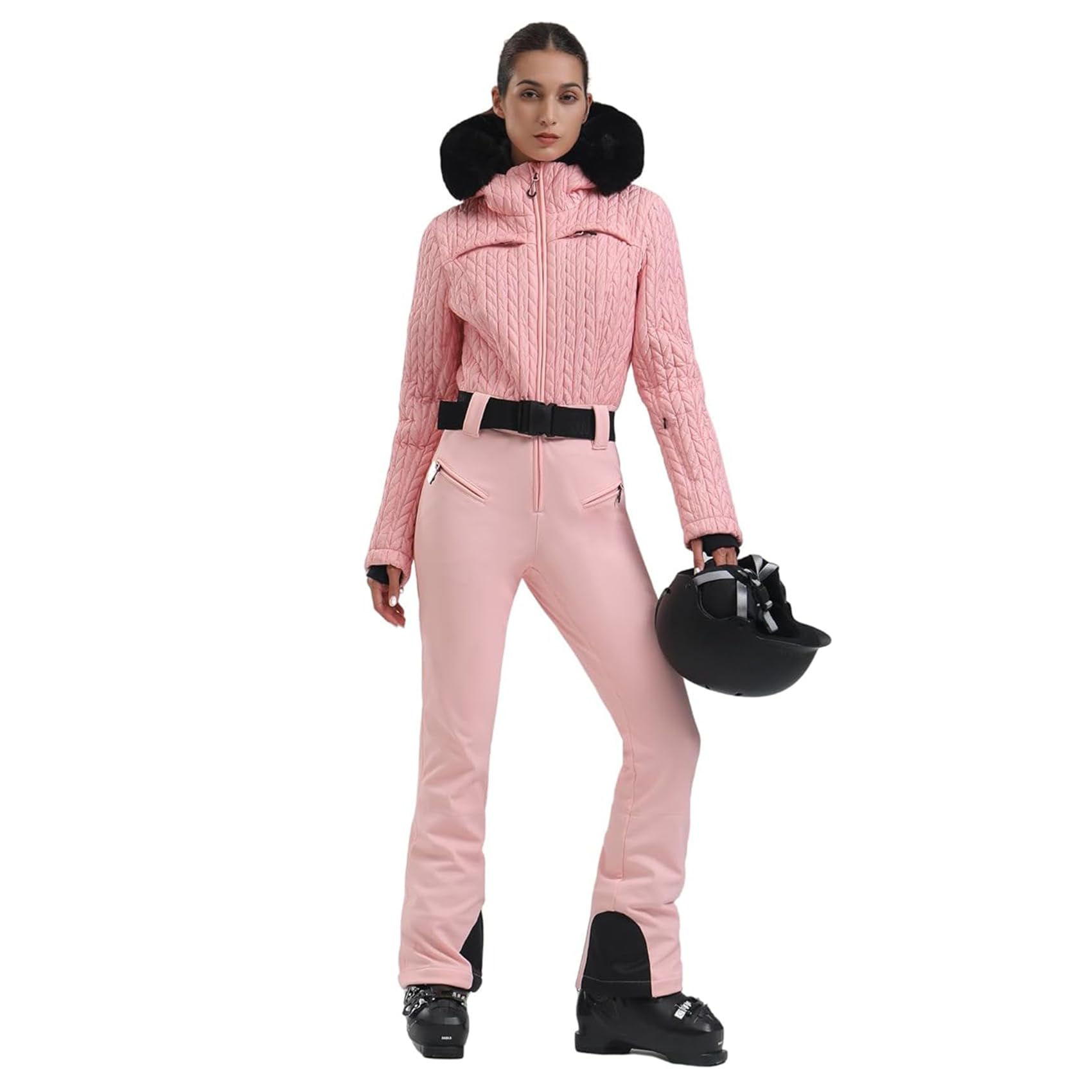 GSOU SNOW Women's One Piece Ski Suit - Slim Snowboard Jumpsuit with Faux Fur Collar, Waterproof & Windproof Winter Sports Outfit for Skiing, Snowboarding & Outdoor Activities