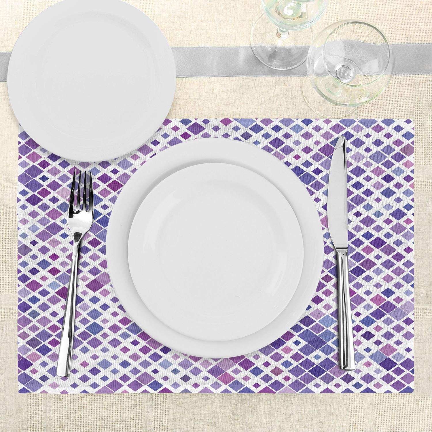 Ambesonne 4-Piece Lavender Placemats Set - Retro Mosaic Abstract Art Print Square Table Mats - Washable Fabric Dining Decor for Kitchen & Dining Room - Violet Purple White - Perfect for Dinner Parties, Holiday Gatherings & Everyday Meals