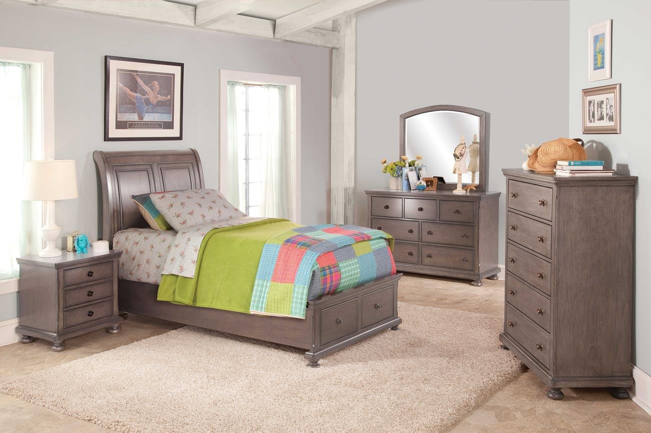 NCF Furniture Alabaster Youth 5-Piece Full Storage Bedroom Set - Twin Bed, Nightstand, Dresser & Mirror in Rustic Pewter Finish for Kids & Teens Room Decor