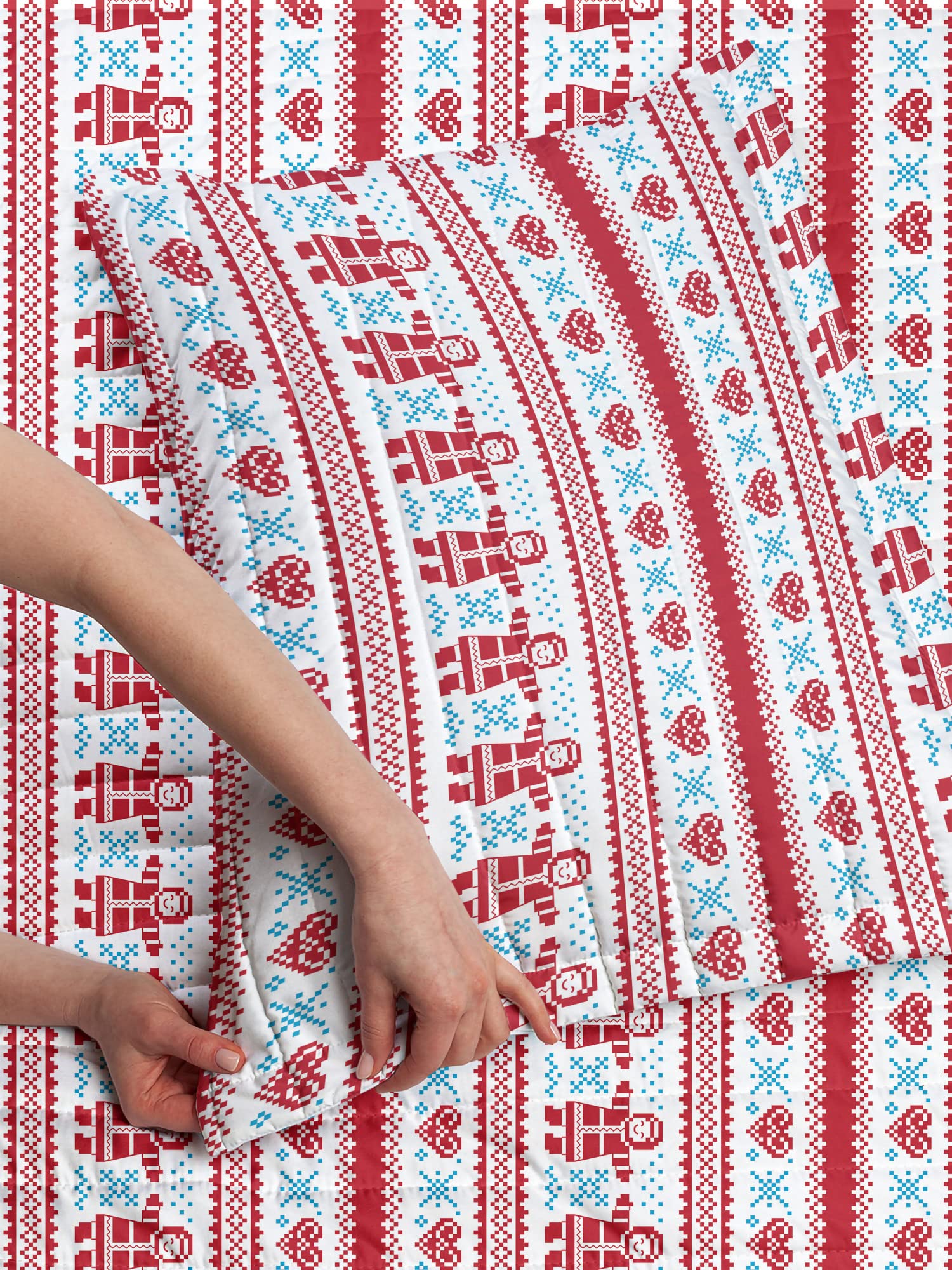 Ambesonne Nordic Microfiber Bedspread Set - Christmas Winter Scandinavian Design with European Motifs, Soft King Size Bedding Set Includes Pillow Shams & Comforter in Red Sky Blue White - Perfect for Holiday Decor & Cozy Winter Bedrooms