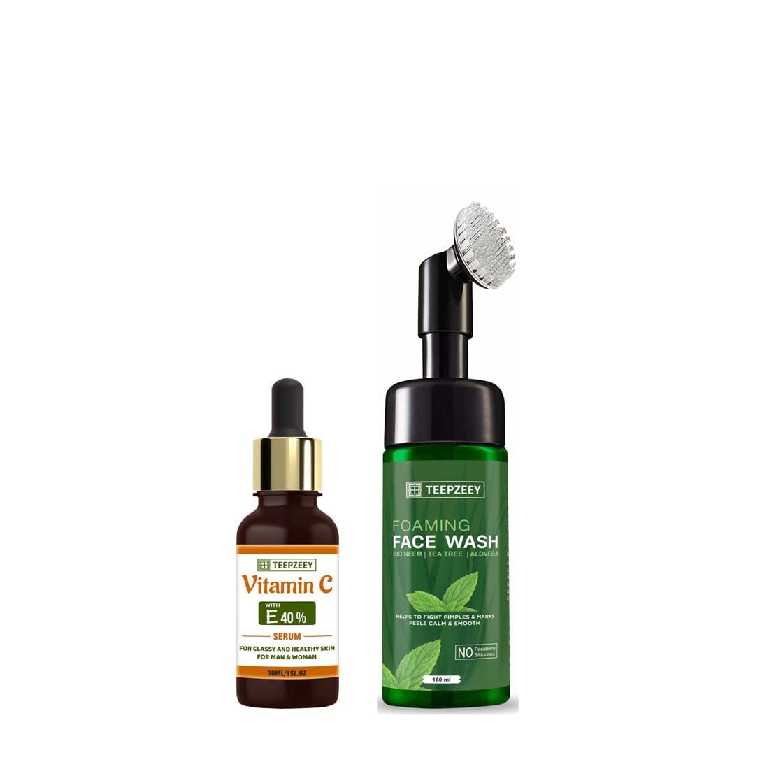 TEEPZEEY Foaming Face Wash with Bio Neem, Tea Tree & Aloe Vera (160ml) & Vitamin C Face Serum for Glowing Skin (30ml) – Natural Acne Treatment & Skin Brightening Set for Daily Skincare Routine
