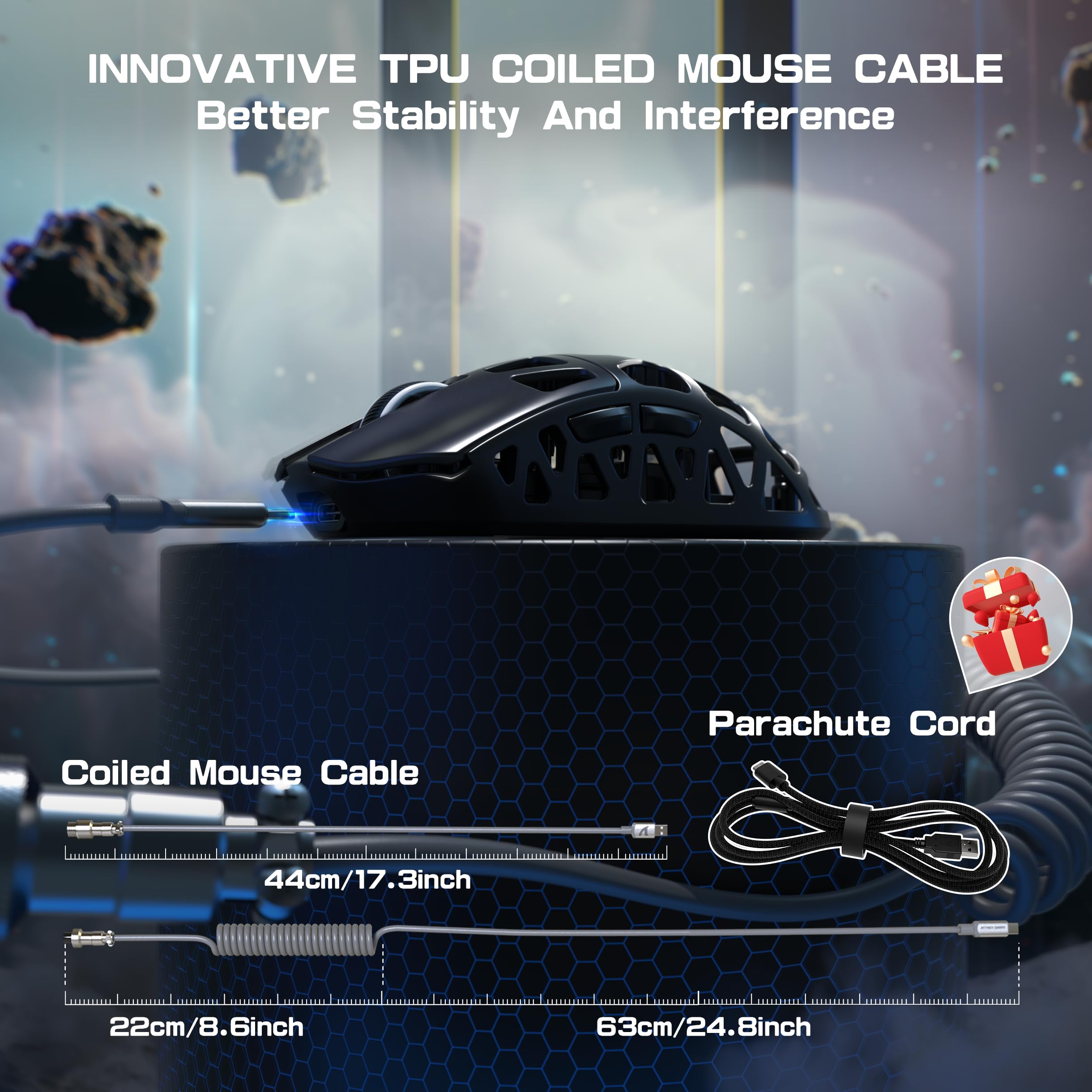 Attack Shark R3PRO 46g Ultra-Light Magnesium Alloy Gaming Mouse - 8000Hz Wireless, 26000DPI, 2.4G/BT/Wired, PixArt PAW3395 Sensor, Programmable Buttons with Coiled Cable - Perfect for FPS, MOBA, and Esports on PC & Mac (Black)