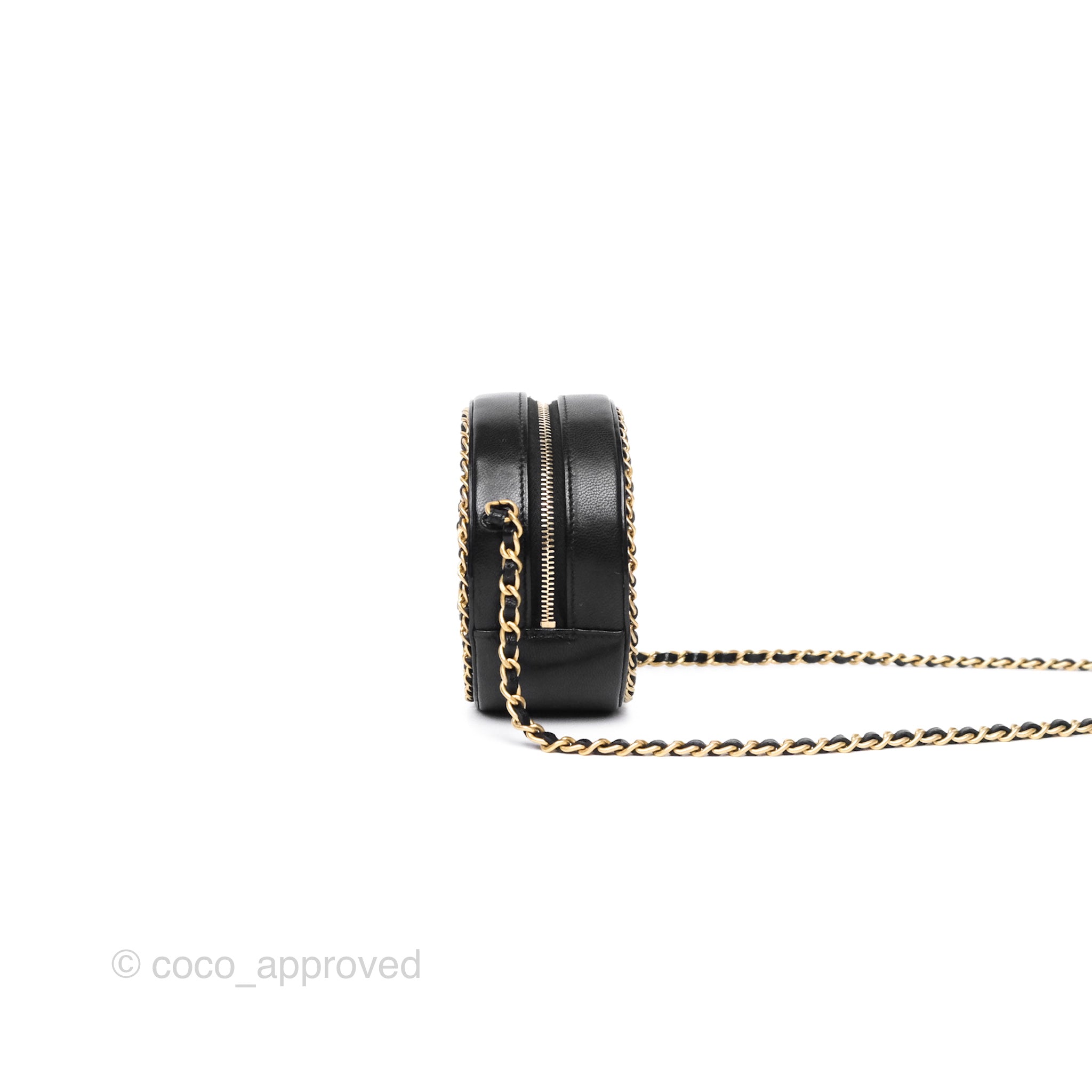 Chanel Black Lambskin Chained Round Filigree Clutch with Gold Hardware - Elegant Evening Bag for Parties, Weddings & Special Occasions