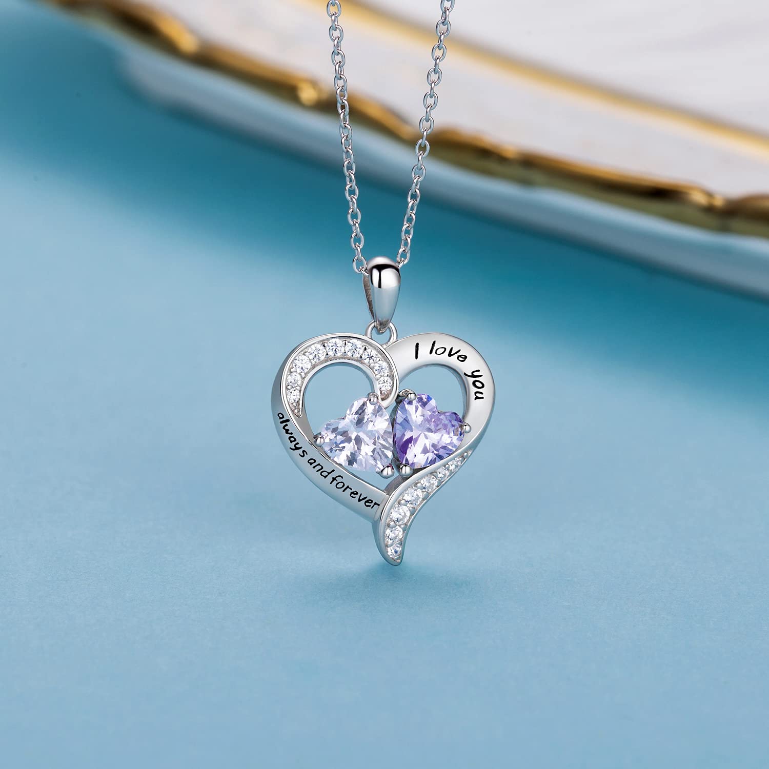 BlingGem Heart Necklace for Women - 925 Sterling Silver Birthstone Pendant with 2 Stones, Customizable Jewelry Gift for Wife, Mom, Girlfriend | Perfect for Valentine's Day, Anniversary, Mother's Day & Birthday Gifts