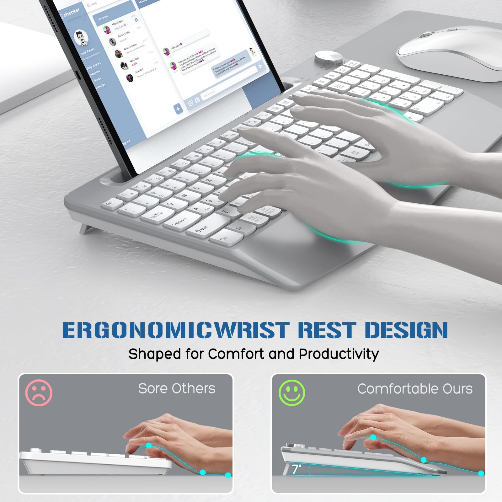 Ergonomic Wireless Keyboard and Mouse Combo with Phone Holder & Wrist Rest - Full Size Quiet Keyboard for Mac, PC, Laptop - Volume Control & Silver Design - Perfect for Office, Home & Gaming Use