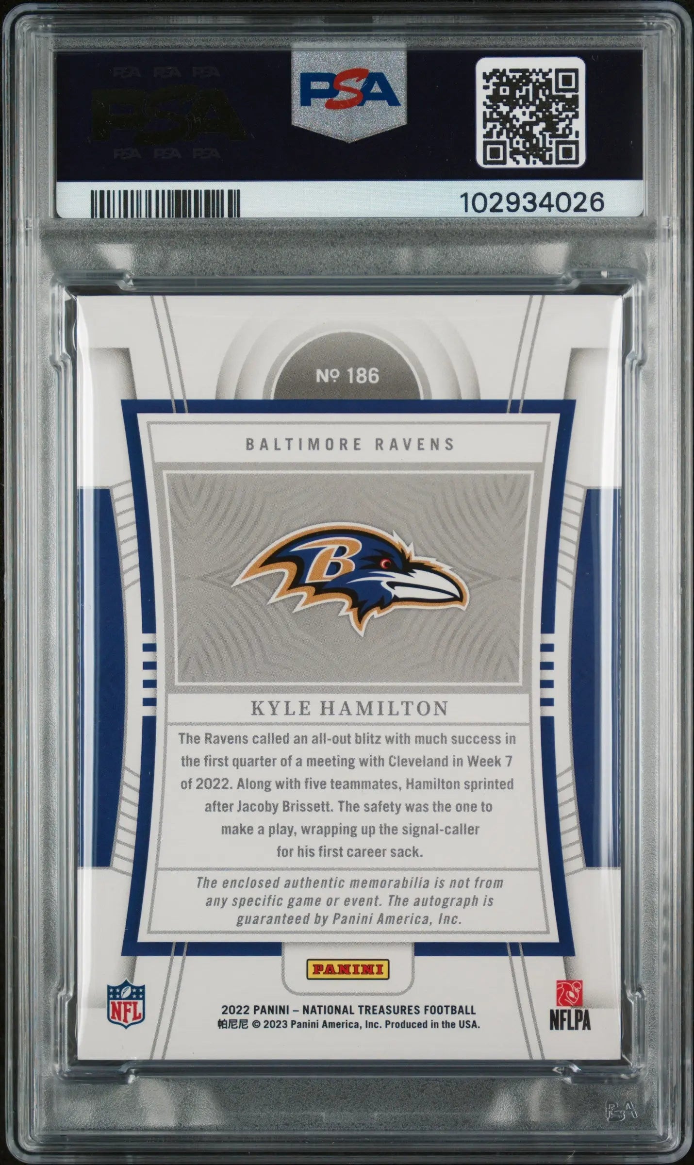 2022 National Treasures Kyle Hamilton Rookie Patch Auto Purple PSA 9 /49 - Rare Football Collectible for Fans & Investors - Perfect for Display, Trading, and Memorabilia Collections