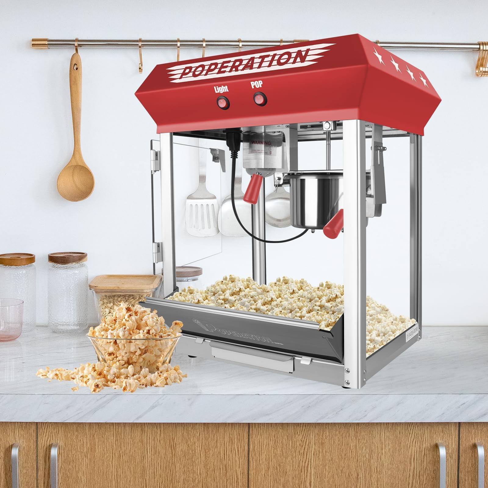 Commercial Popcorn Machine 12oz - 850W Movie Theater Style Popcorn Maker with Stainless Steel Kettle, Steel Frame & Tempered Glass - Red Countertop Popcorn Popper for Cinemas, Parties, Carnivals & Home Theater Snacks