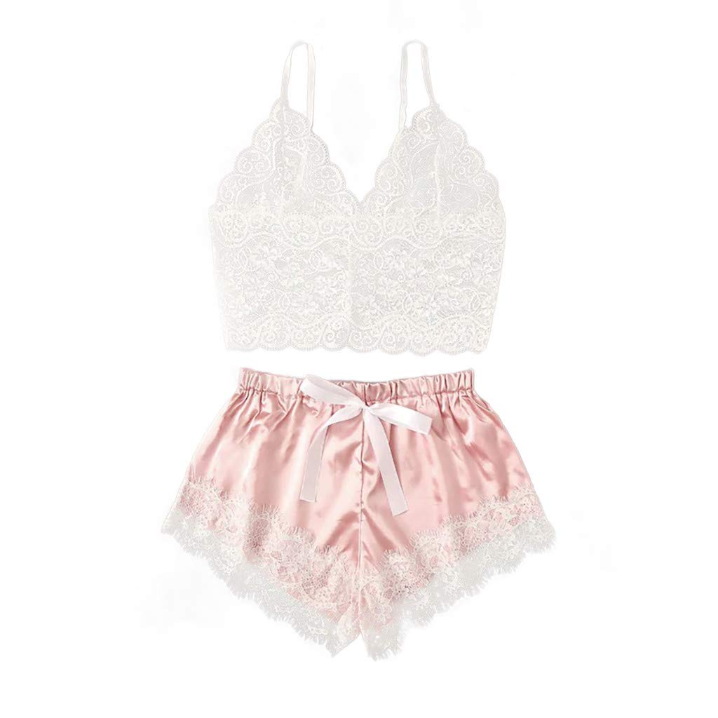 Women's Lace Trim Spaghetti Strap Pajama Set - Soft Sleepwear Nightwear with Frill Details in Pink | Perfect for Relaxing at Home, Lounging & Comfortable Sleep