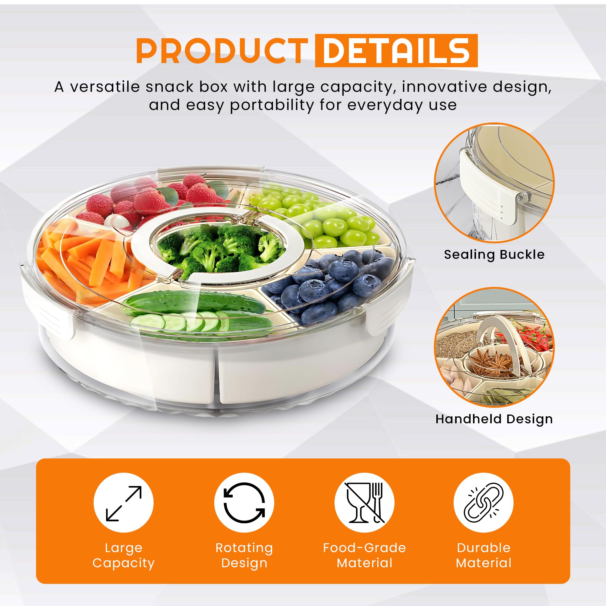 Rotating Snack Box Container - Large Divided Serving Tray with Lid for Kids | Mess-Free Snack Spinner Organizer | Veggie & Fruit Storage Tray for Fridge | Perfect for Parties, School Lunches & Healthy Snacking at Home