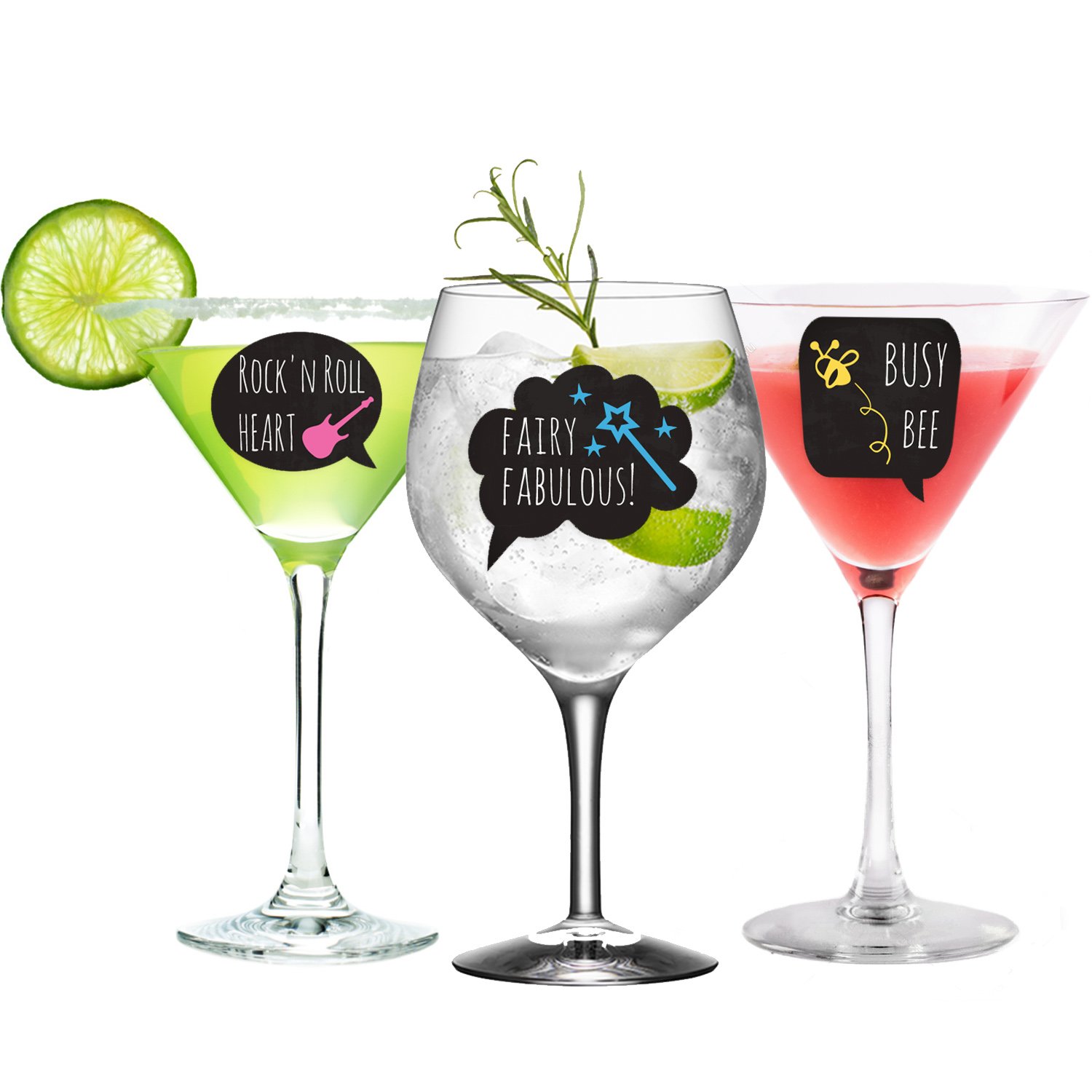 Funny Glass Drink Markers - 18 Reusable Static Cling Stickers for Wine Glasses - Perfect for Wine Tasting Parties, Wedding Favors & Gifts - Great for Home Entertaining & Office Events