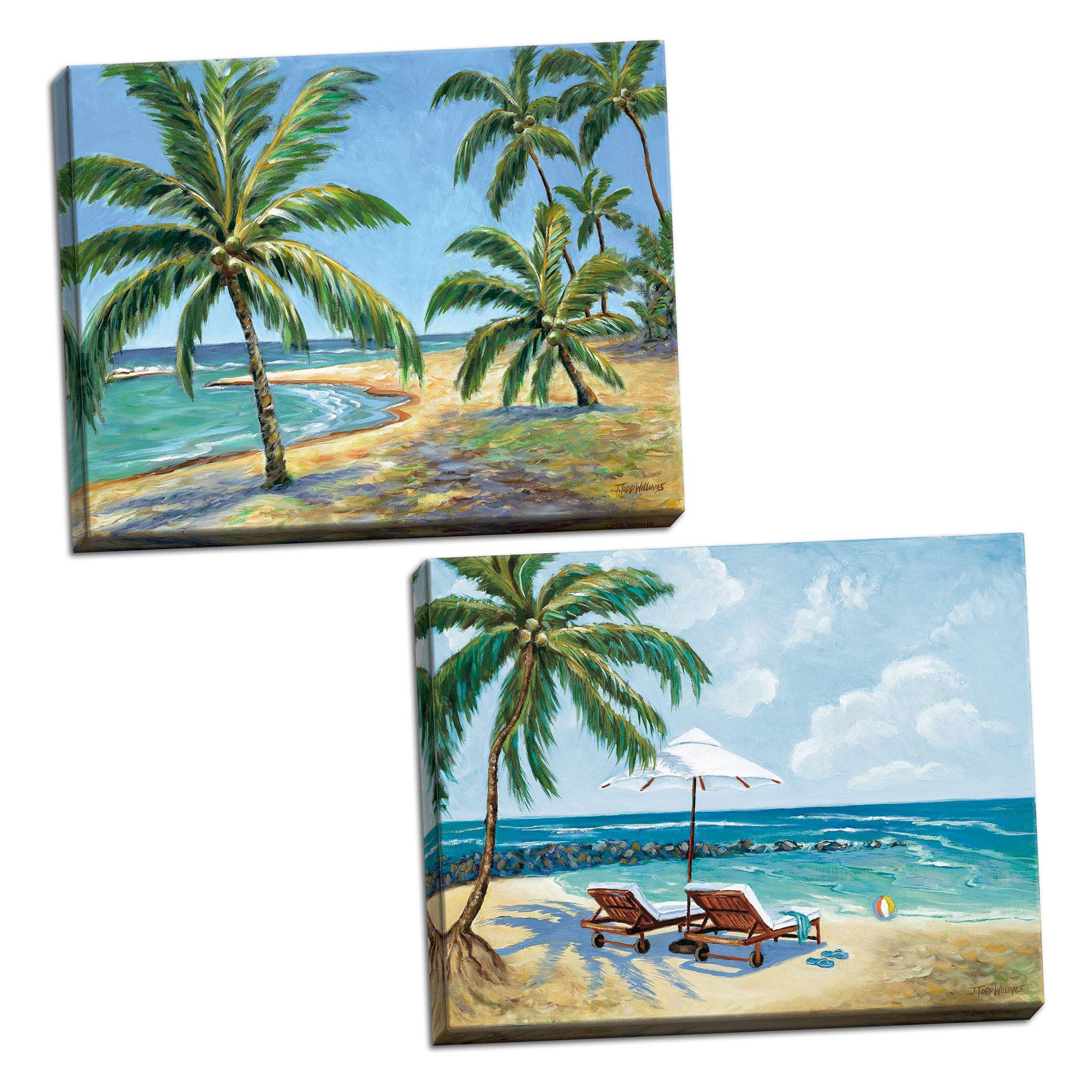 Bluegreen Beach Lounge Chairs Art Prints - Set of 2 Stretched Canvas Wall Art (14x11 in) Ready to Hang | Coastal Decor, Vacation Home, Living Room & Bedroom Wall Decor