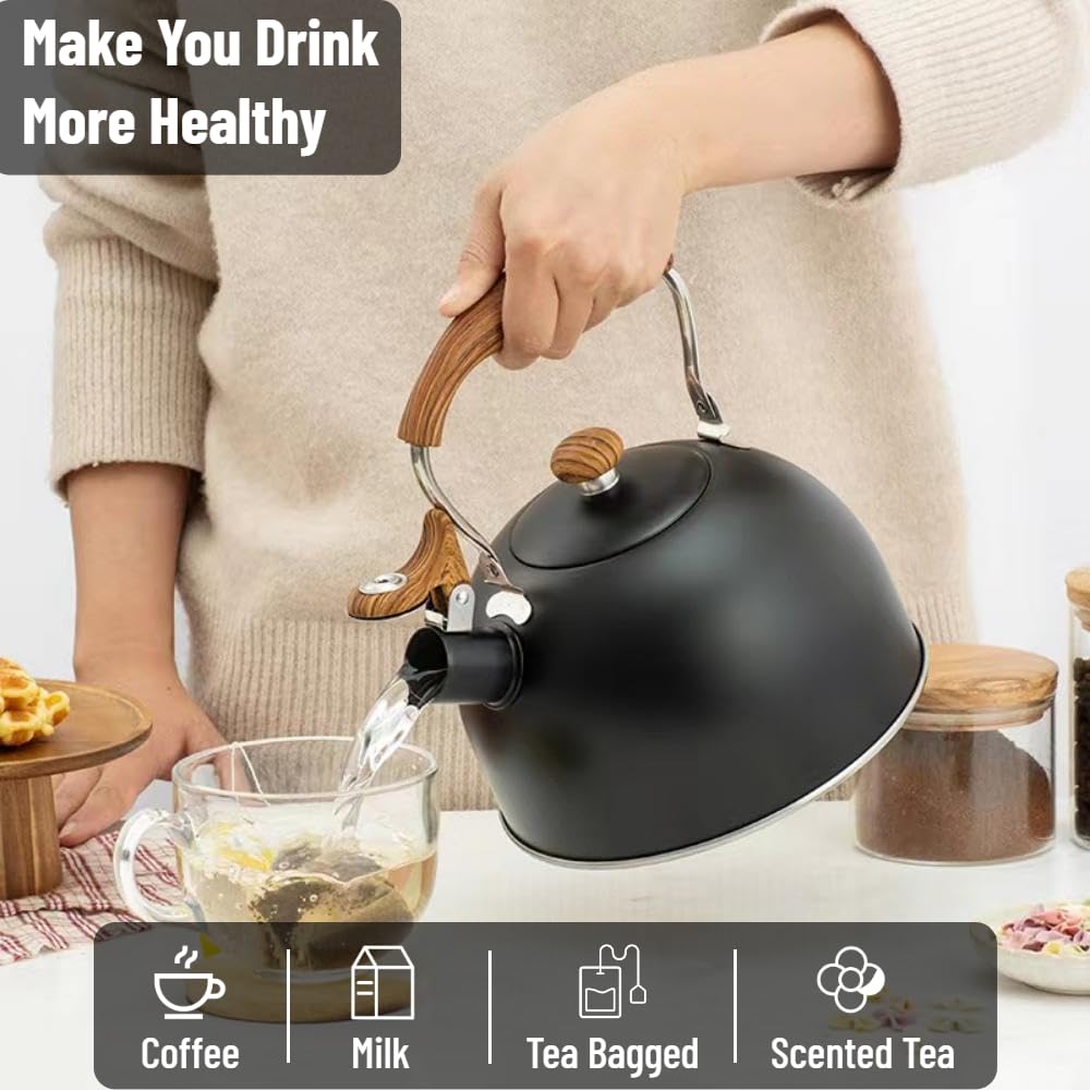 2.5 Quart Stainless Steel Whistling Tea Kettle for Stovetop - Matte Black Wood Handle, Food Grade Safe for Gas, Electric & Induction Cooktops - Perfect for Home, Office & Tea Ceremonies