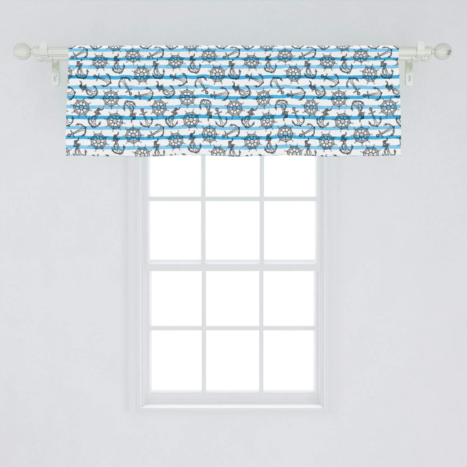 Ambesonne Nautical Window Valance - Anchor & Steering Wheel Design with Charcoal Stripes, 54
