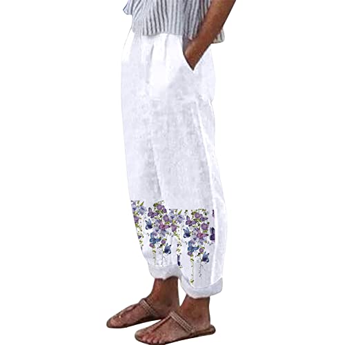 Women's High Waist Straight Leg Pants - Floral Print Loose Fit Cotton Casual Trousers with Pockets (Petite Plus Size XXL, Purple) | Perfect for Work, Travel & Everyday Comfort