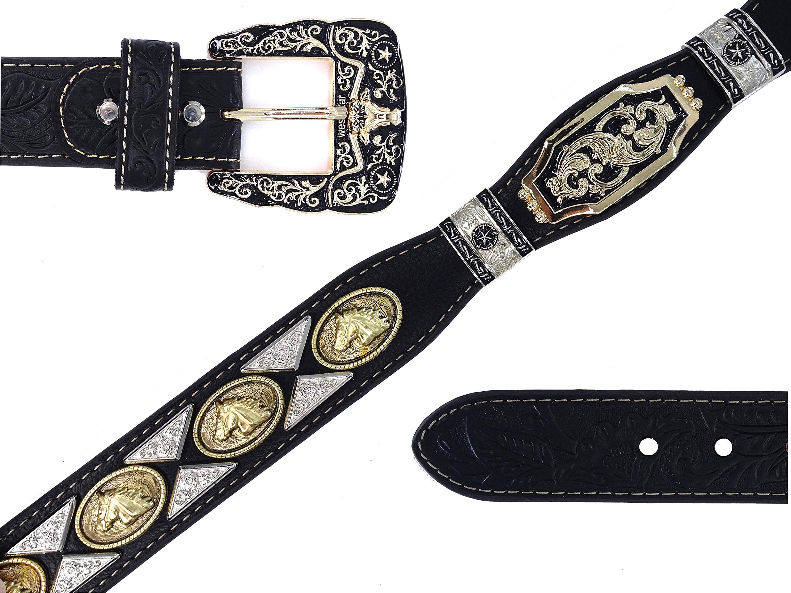 Men's Western Concho Leather Belt with Longhorn & Horse Design - Cowboy Sheriff Style Belt for Jeans & Casual Wear | Perfect for Rodeo, Ranch & Western Outfits