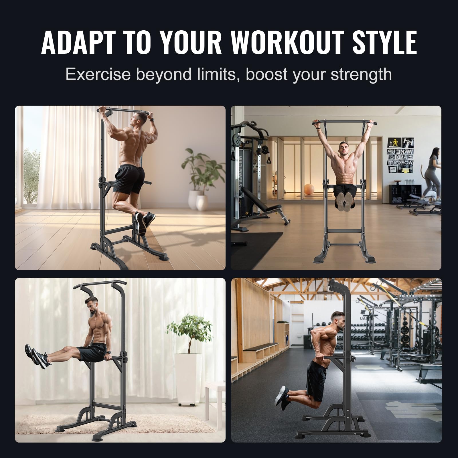 VEVOR Adjustable Power Tower Dip Station - 10-Level Pull-Up Bar Stand for Home Gym, Multi-Function Strength Training Equipment with 4 Suction Feet (330 lbs Capacity) - Perfect for Full-Body Workouts & Home Fitness Training