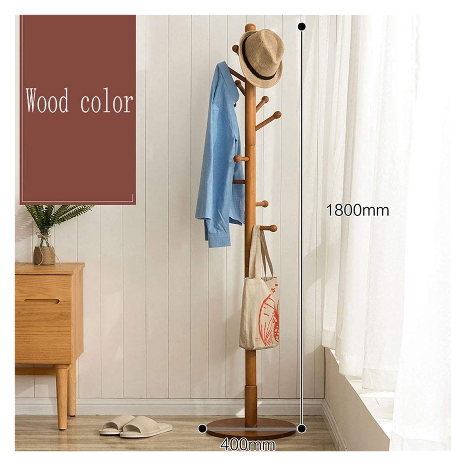 **9-Hook Solid Wood Coat Rack Stand | Heavy-Duty Entryway Hanger for Hallway, Bedroom & Closet | Easy Assembly Wooden Coat Tree (Wood Color) - Perfect for Organizing Jackets, Hats, Bags & Accessories**