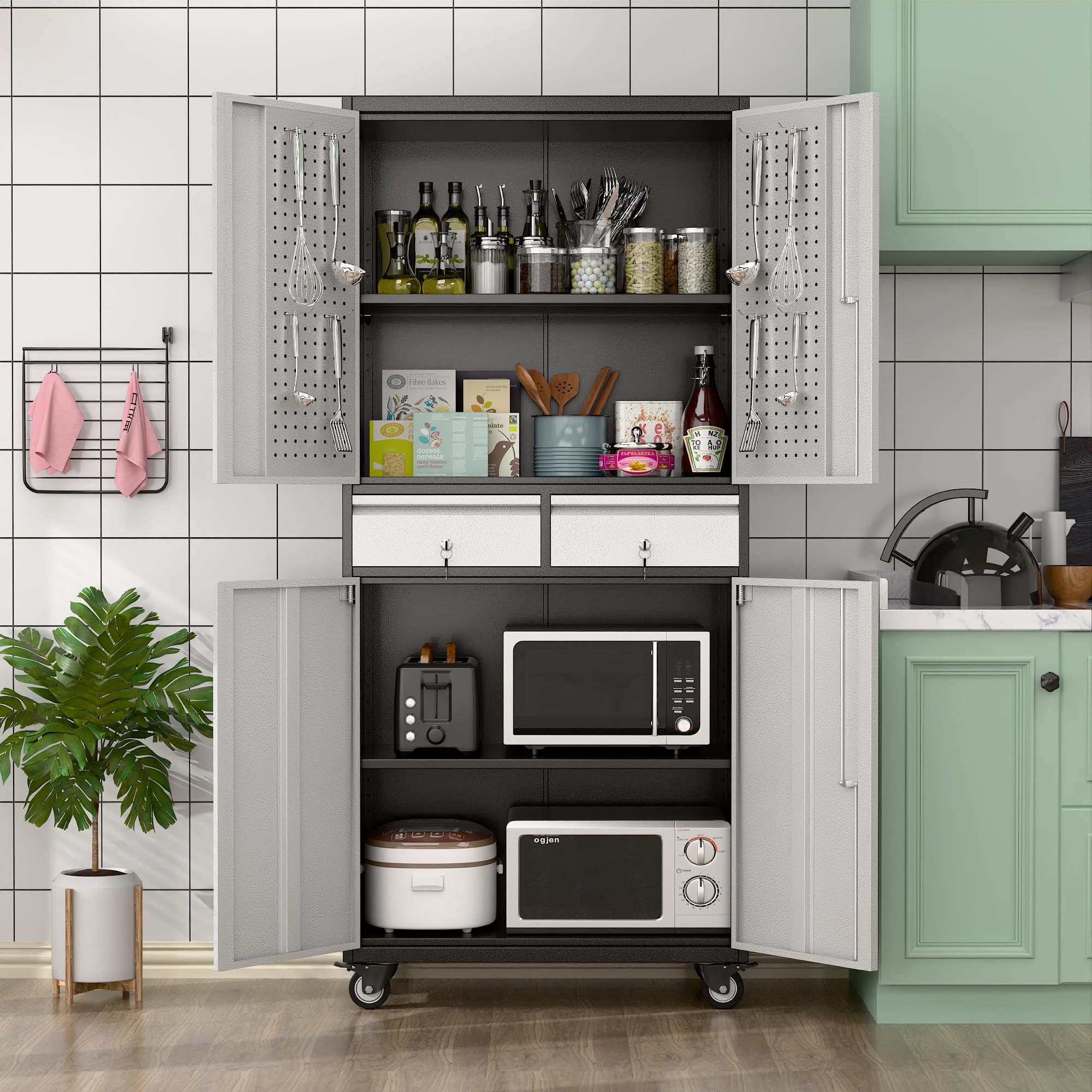 Aobabo Heavy-Duty Metal Storage Cabinet with Locking Doors & Pegboard - 2-Drawer Steel Rolling Tool Cabinet with Adjustable Shelves for Garage, Home, Office & Kitchen - Easy Assembly (Black Gray) - Perfect for Organizing Tools, Supplies & Equipment