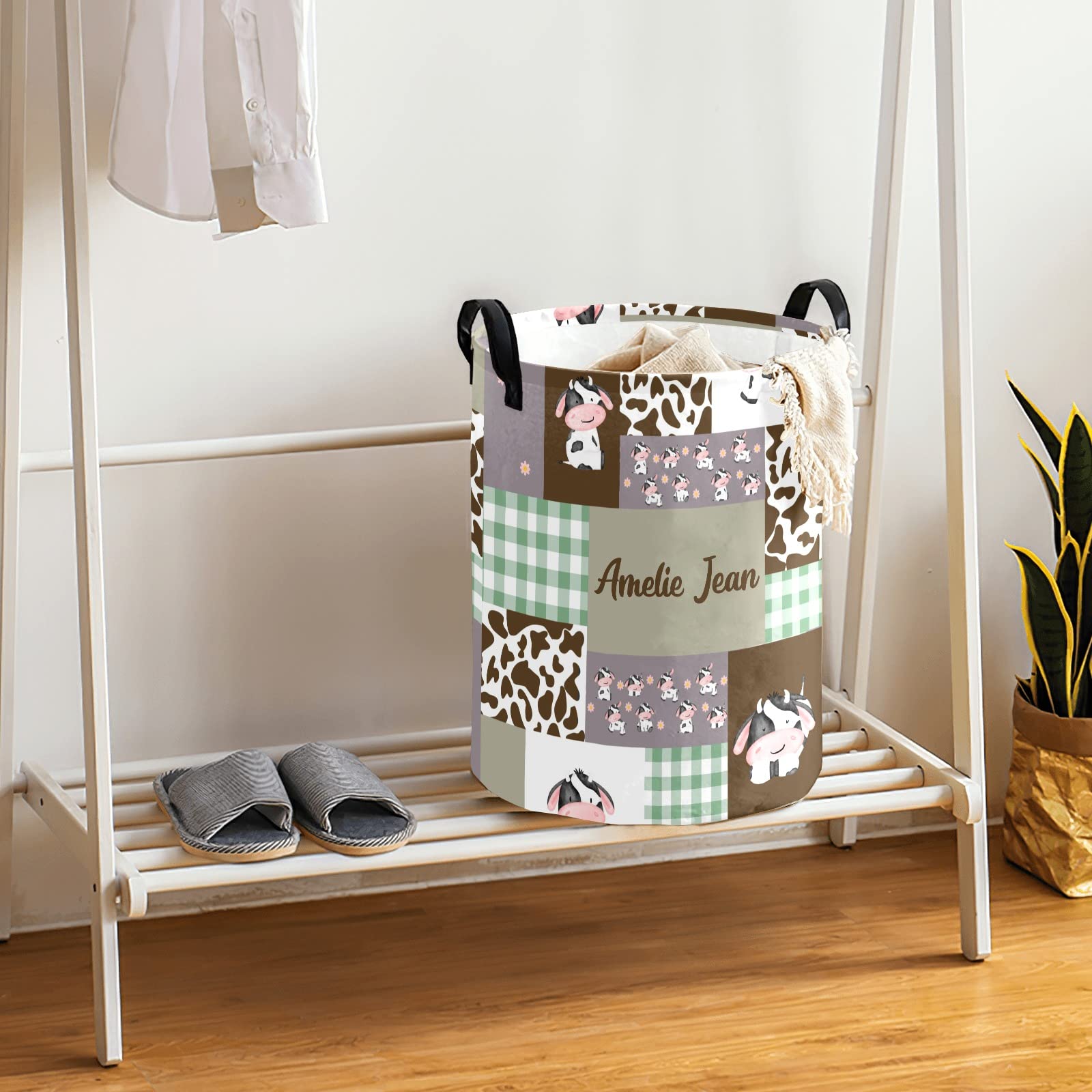Waterproof Oxford Fabric Cow Patchwork Plaid Storage Bin - Laundry Hamper, Toy Organizer, Nursery Clothes Basket for Bedroom & Baby Room | Perfect for Home Organization & Gift Baskets