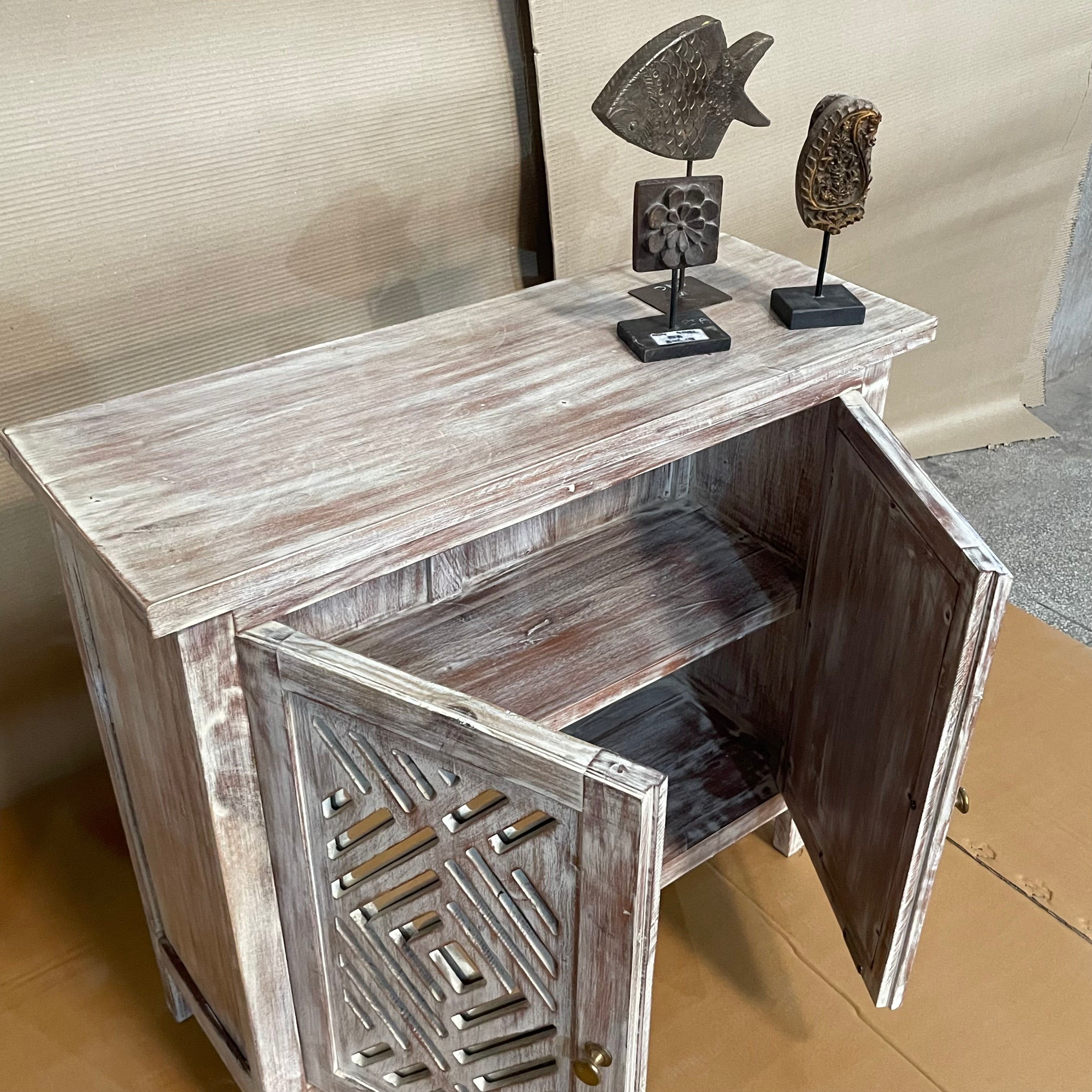 Handcrafted Indian Solid Hardwood Cabinet with 2 Mirror Doors - Traditional Carved Wooden Storage for Living Room, Bedroom & Entryway