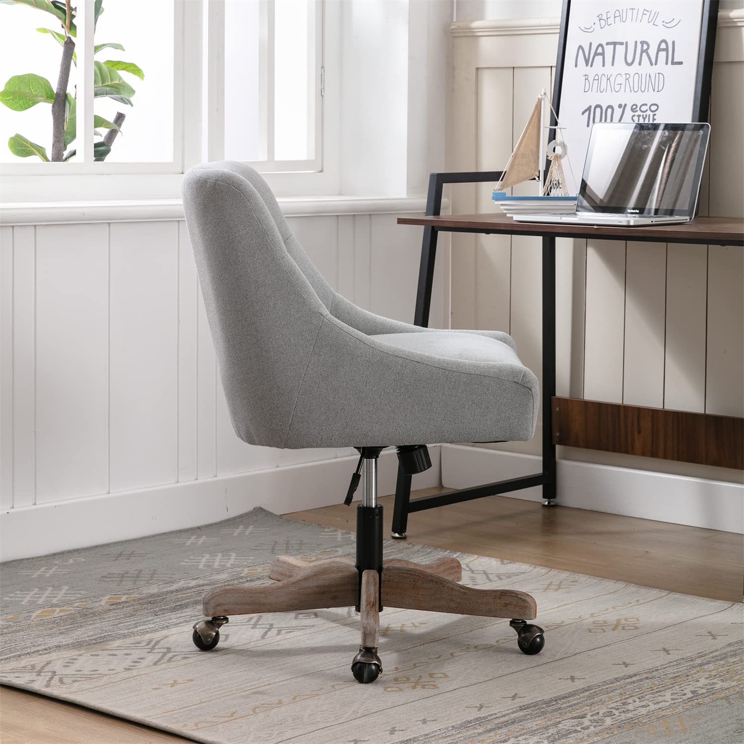 Height Adjustable Swivel Dining Chair - Upholstered Home Office Chair with Linen Fabric & Thick Padding - Solid Wood Legs Accent Leisure Vanity Chair in Grey - Perfect for Dining Rooms, Home Offices & Makeup Areas