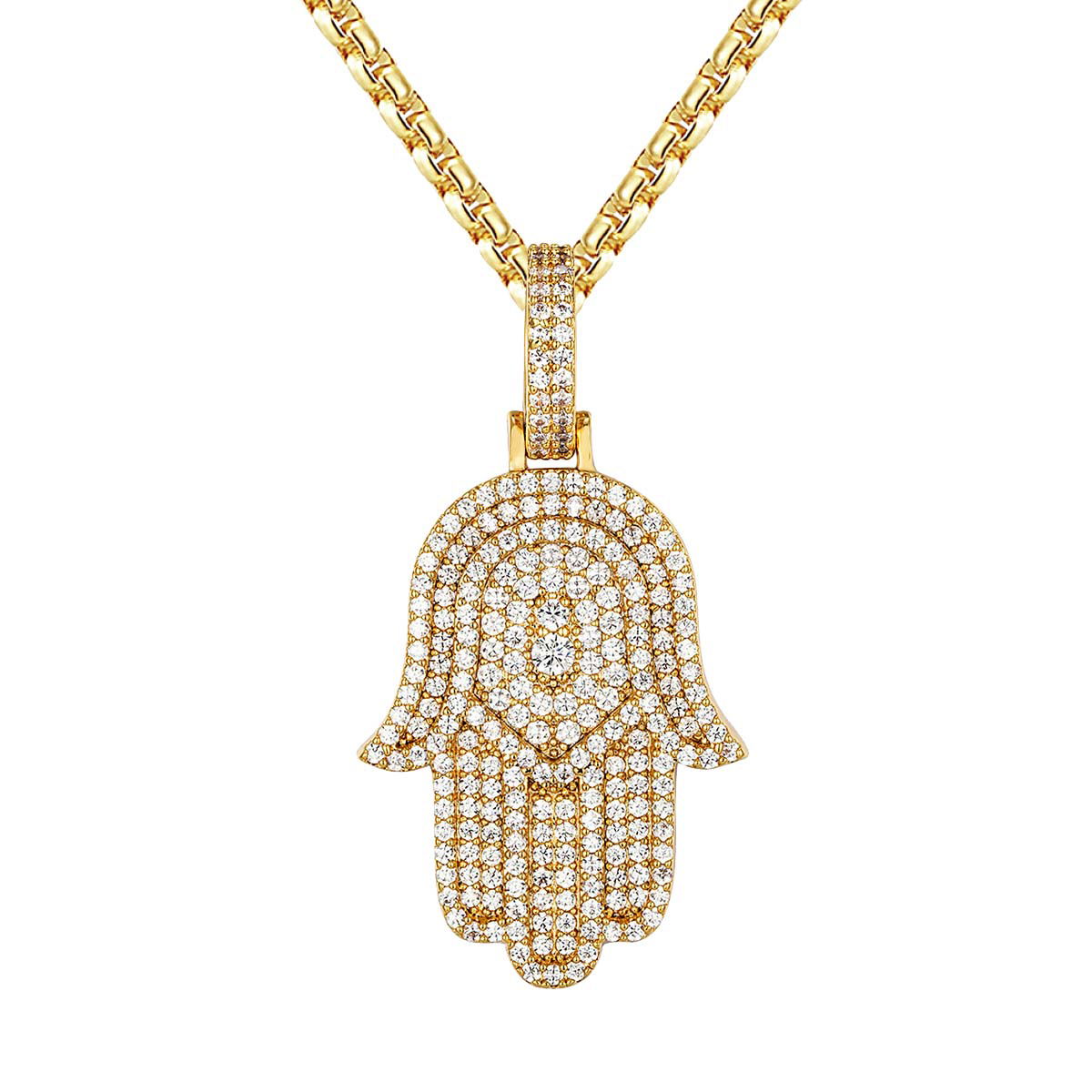 Hamsa Hand Pendant Necklace - Icy Custom Yellow Gold Tone Jewelry for Streetwear & Fashion | Spiritual Protection & Boho Style Accessory