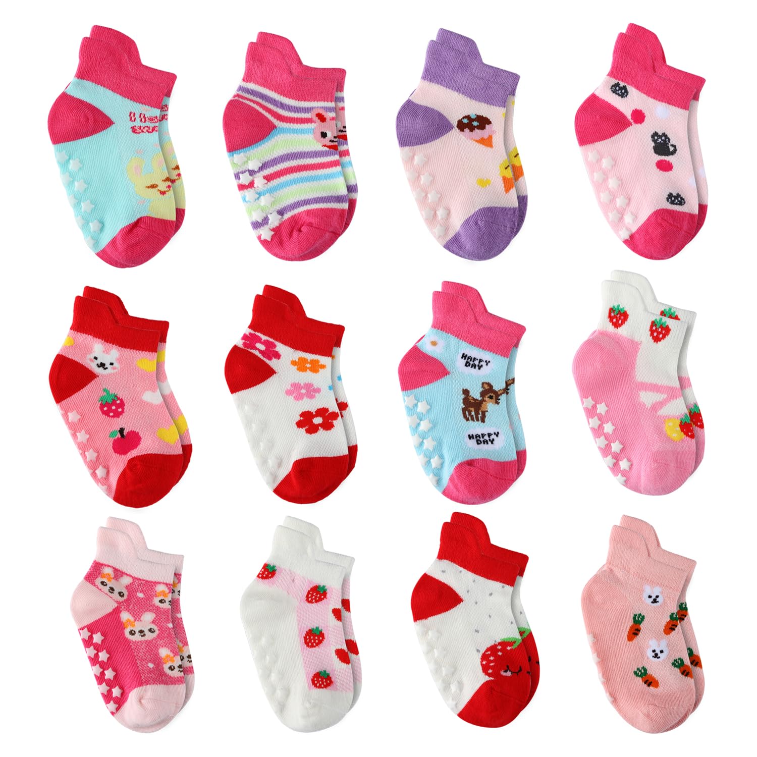 12 Pairs Non-Slip Baby Girl Grip Socks - Soft Cotton Toddler Socks for Crawling & Walking - Anti-Skid Infant Socks for Playtime, Daycare & Home Use