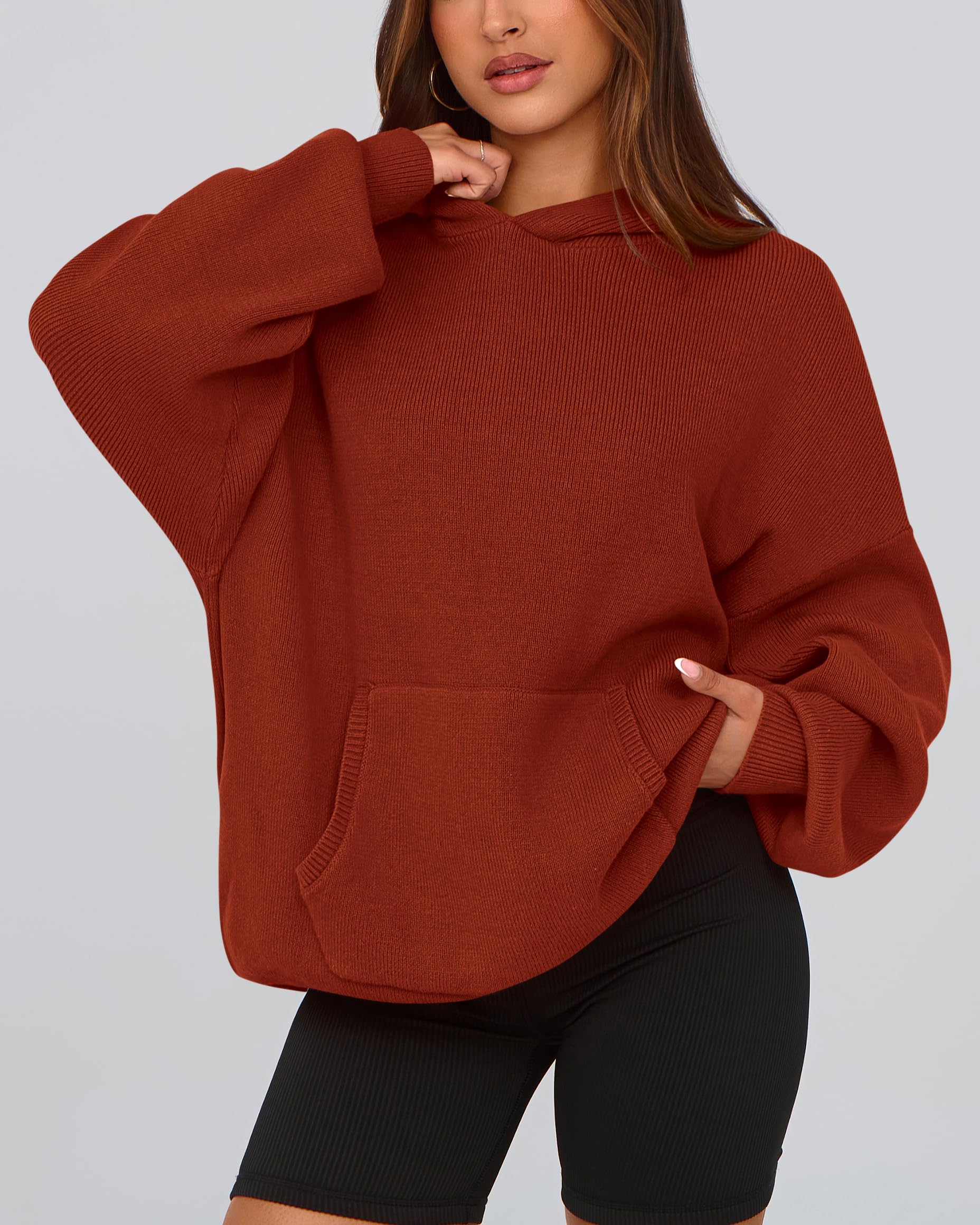 Dowerme Women's Oversized Chunky Knit Hooded Pullover Sweater with Pocket - Long Sleeve Drop Shoulder Lantern Sweater for Fall/Winter 2025 - Cozy Casual Wear for Outdoors, Work & Home