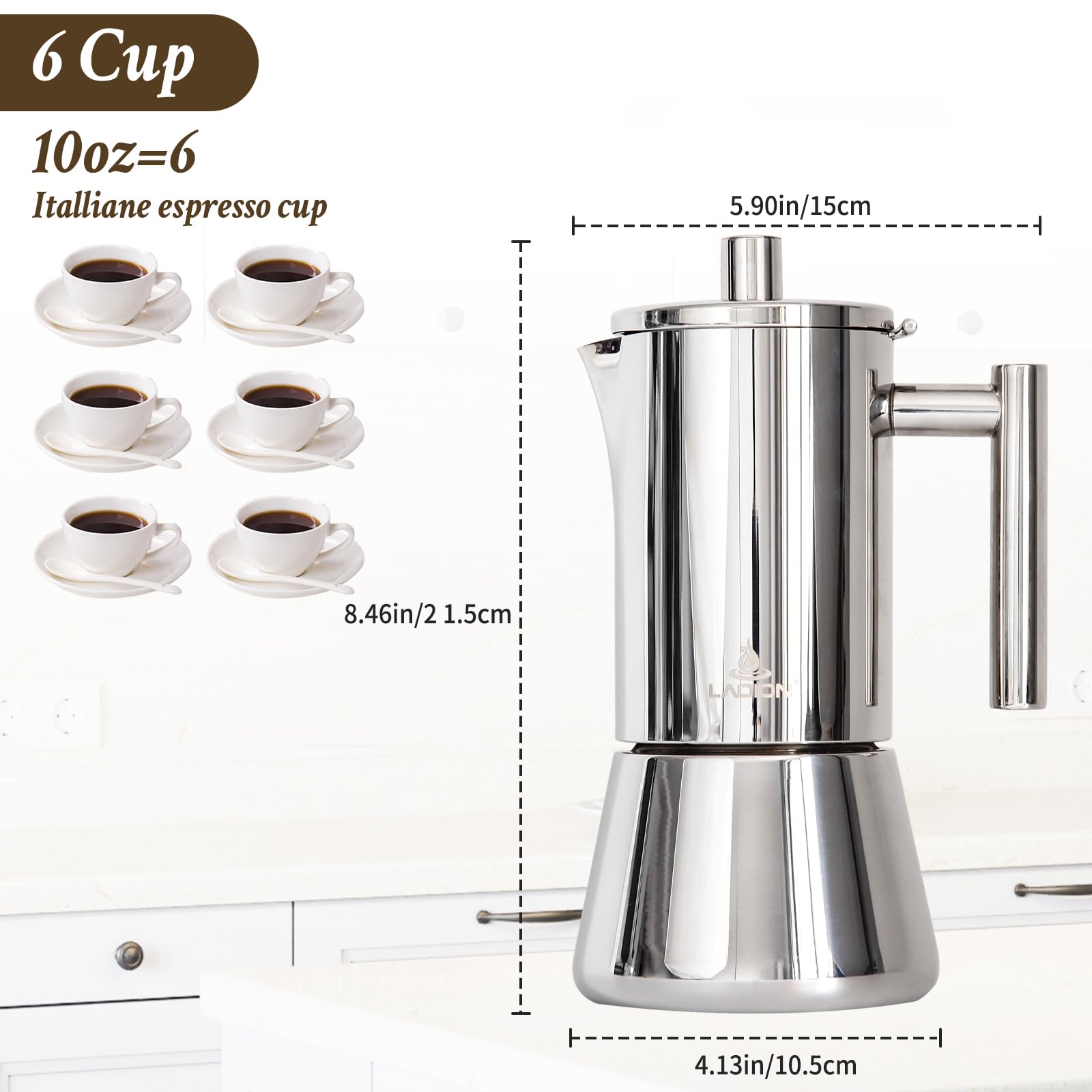 Stainless Steel Stovetop Espresso Maker - 6 Cup 10oz Moka Pot for Cuban & Italian Coffee | Induction Compatible | Perfect for Home, Travel & Camping | Great Coffee Gift for Men & Women