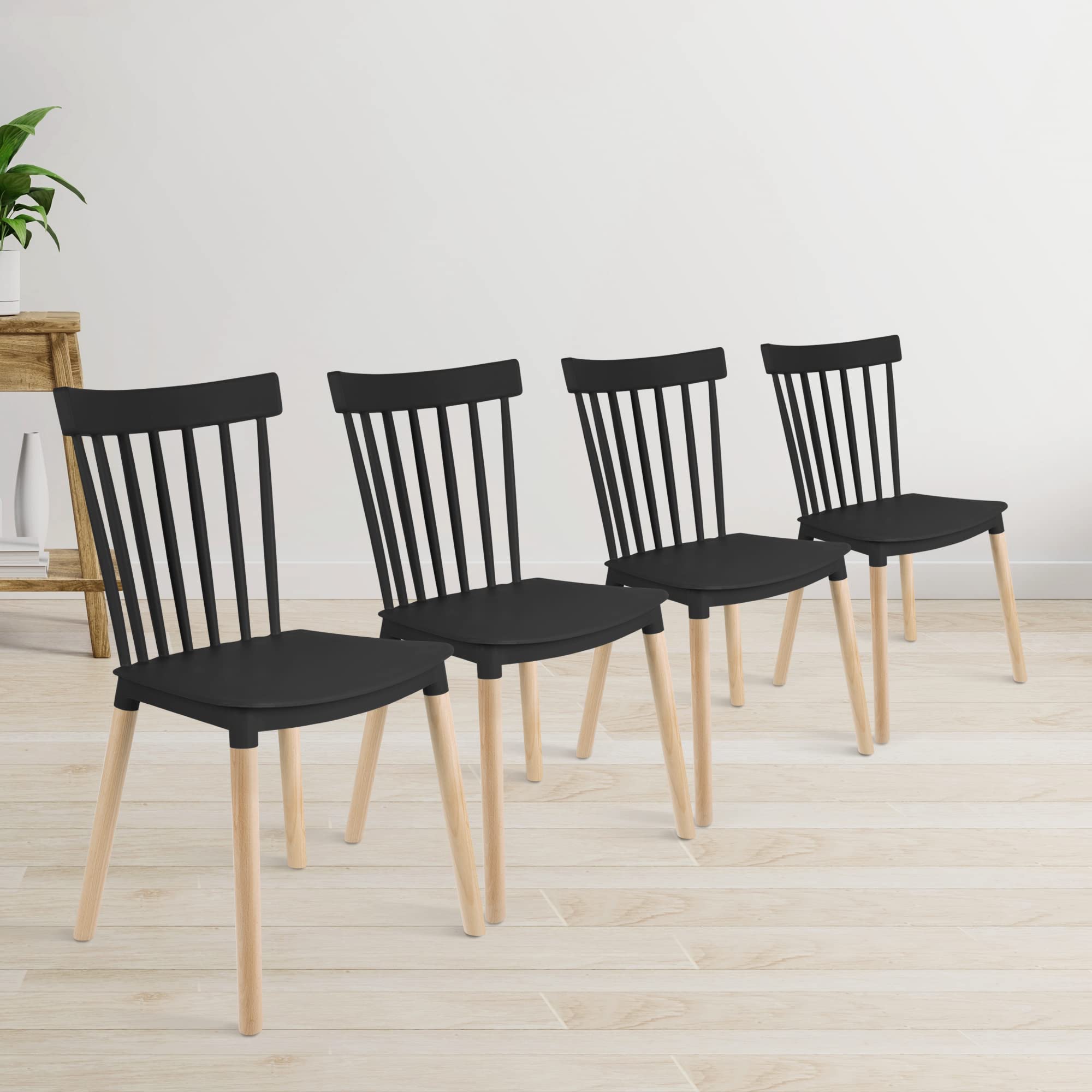 Modern Plastic Armless Dining Chairs with Wooden Legs - Set of 4 Contemporary Stackable Side Chairs for Kitchen, Dining Room, Restaurant, Cafe, Office & Home Decor - Perfect for Small Spaces and Modern Interior Design