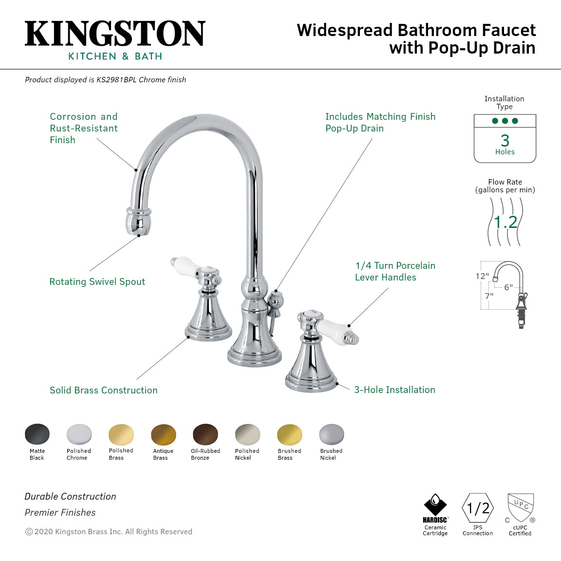 Bel Air KS2983BPL Two Handle 3 Hole Widespread Bathroom Sink Faucet with Brass Pop Up Drain - Antique Brass Finish for Vanity and Powder Room Decor