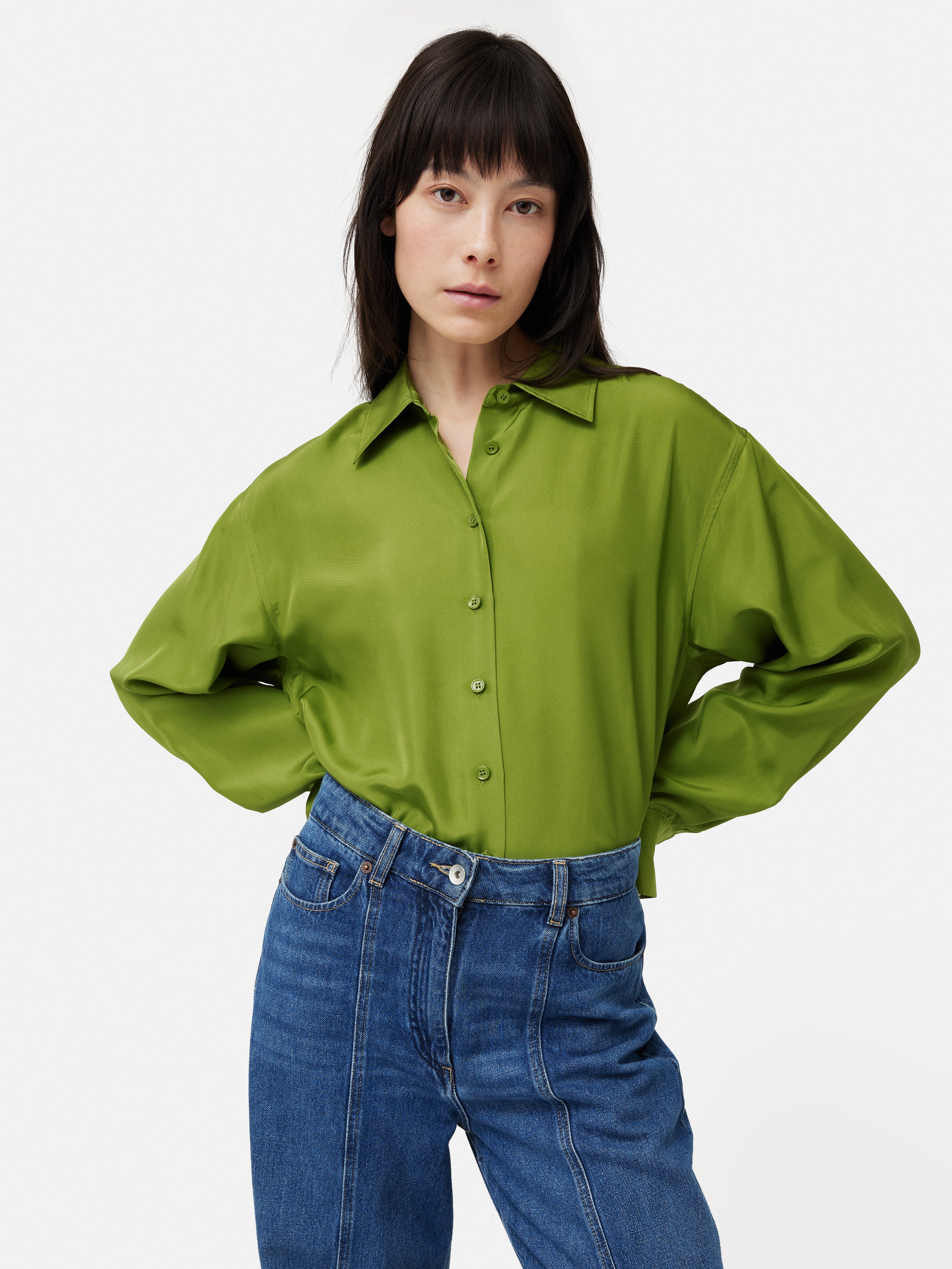 Premium Green Silk Habotai Relaxed Shirt for Women - Soft & Breathable Comfort Wear for Casual Outings & Office Elegance
