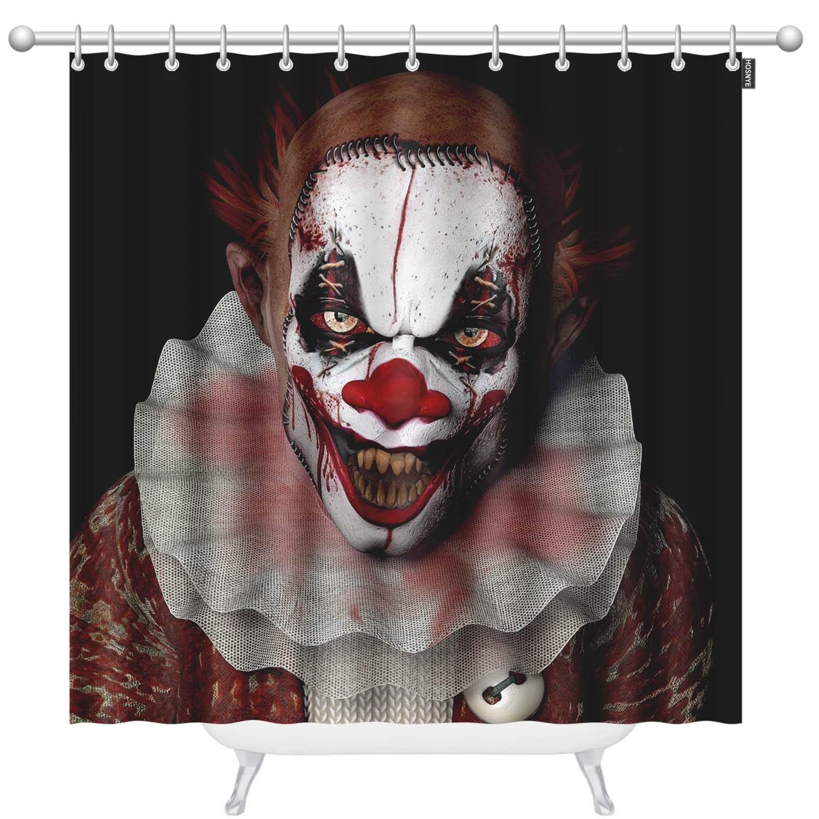 Scary Clown Shower Curtain Set with 12 Hooks - 72x78 Inch Horror Bathroom Decor with Sharp Teeth Design - Waterproof Polyester Fabric for Halloween, Themed Parties & Creepy Bathroom Makeovers