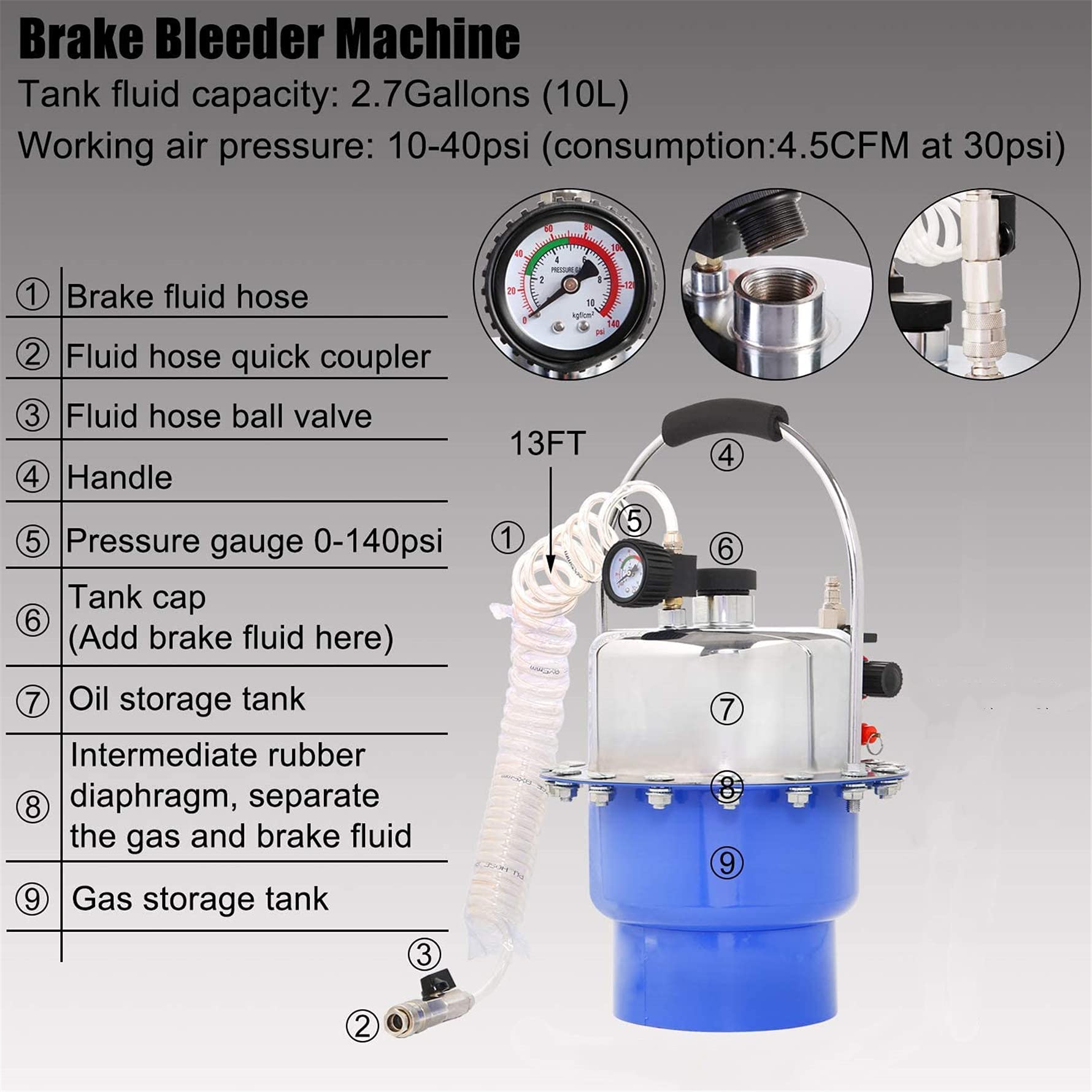 Munirater Portable 5L Air Pressure Brake & Clutch Bleeder Kit - Professional Automotive Brake Fluid Bleeding System for Cars, Trucks & Motorcycles | Perfect for DIY Garage Repairs & Mechanic Shop Maintenance