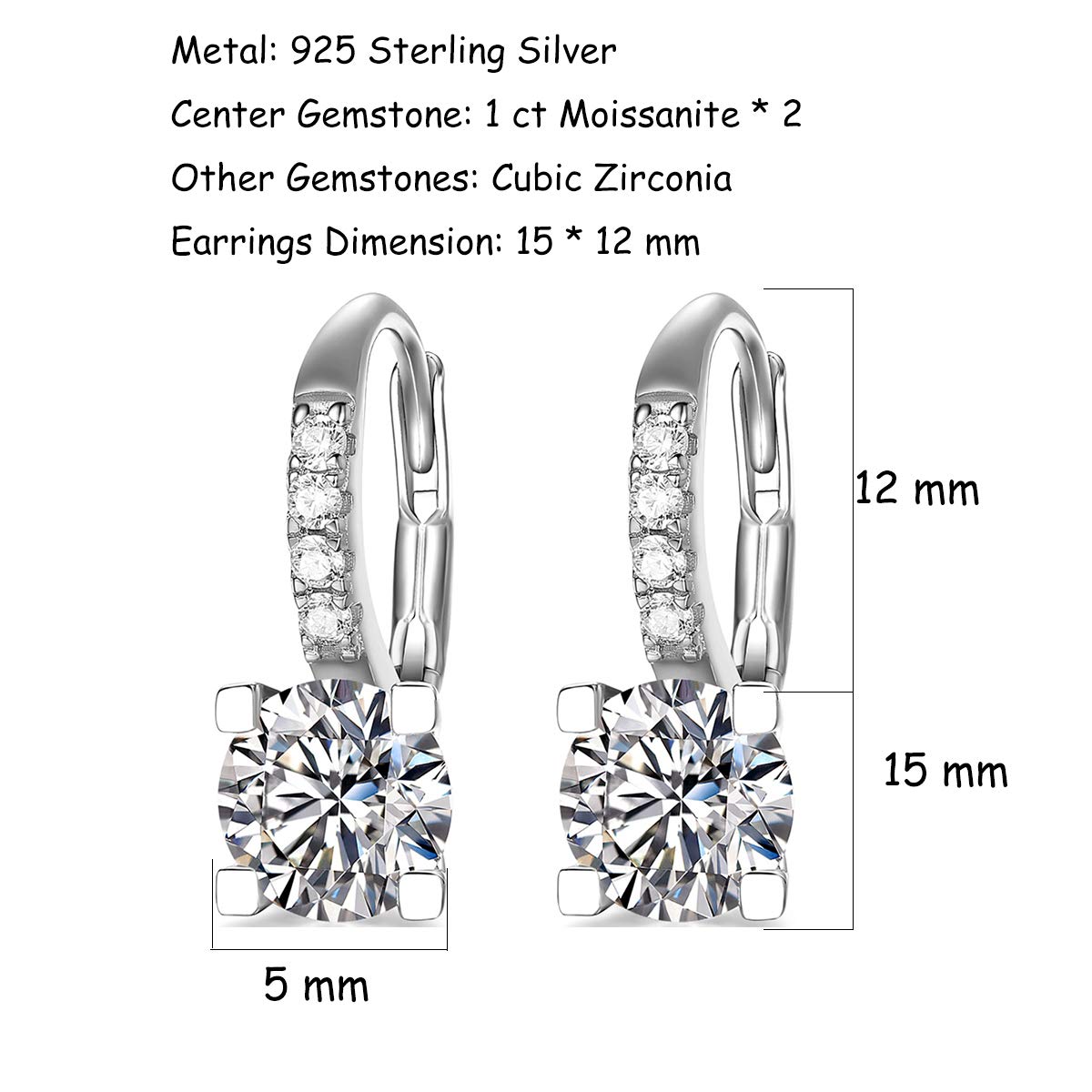 14K White Gold Plated 925 Sterling Silver Star Moissanite Hoop Earrings for Women - 2cttw EF Color VVS Clarity - Elegant Dangle Huggie Earrings for Party, Wedding & Everyday Wear
