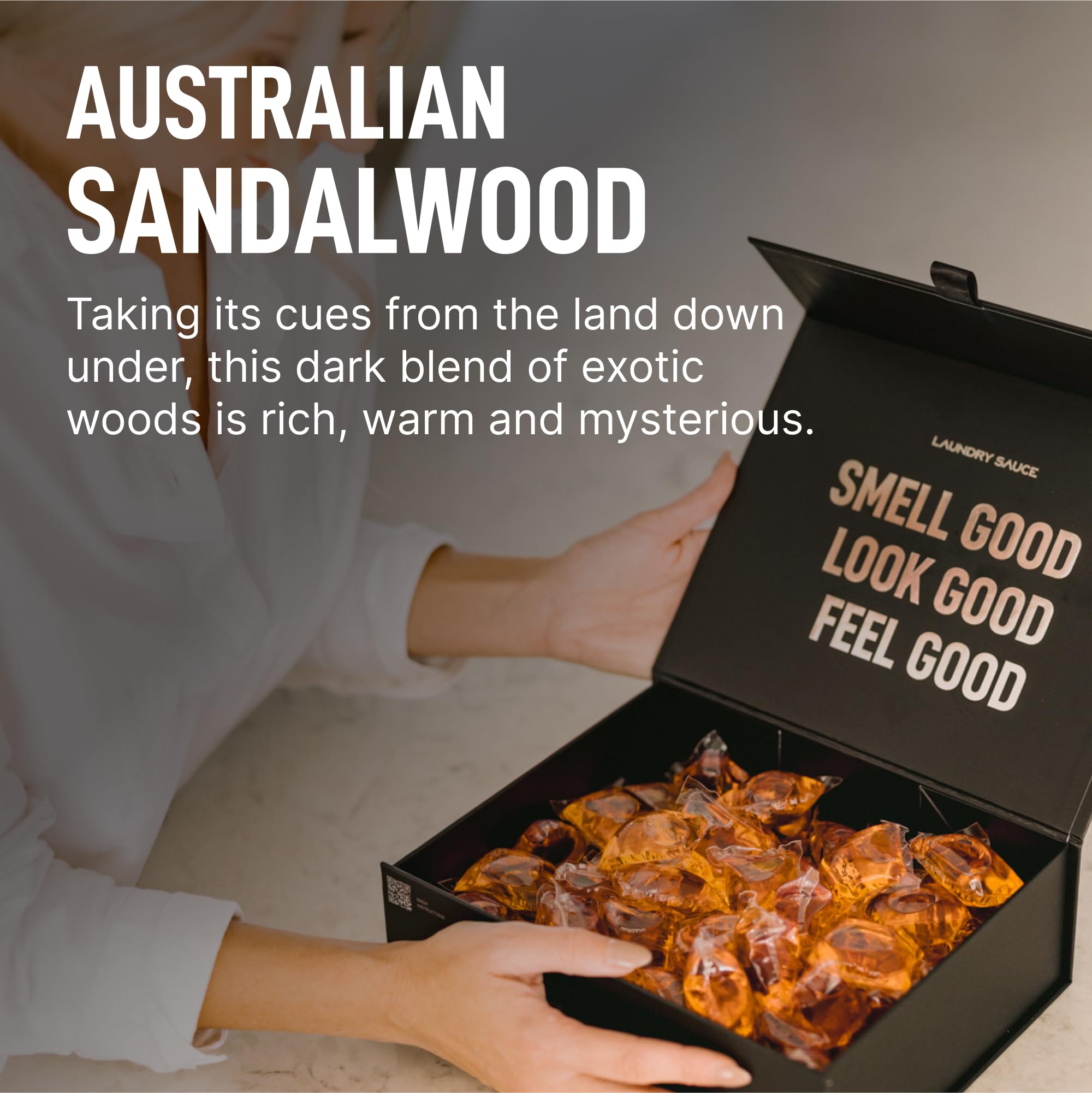 Luxury Scented Laundry Detergent Pods & Scent Booster Bundle - Australian Sandalwood Fragrance | HE Compatible, Dye-Free Premium Laundry Sauce for Soft, Fresh-Smelling Clothes | Perfect for Everyday Laundry, Bedding & Delicate Fabrics