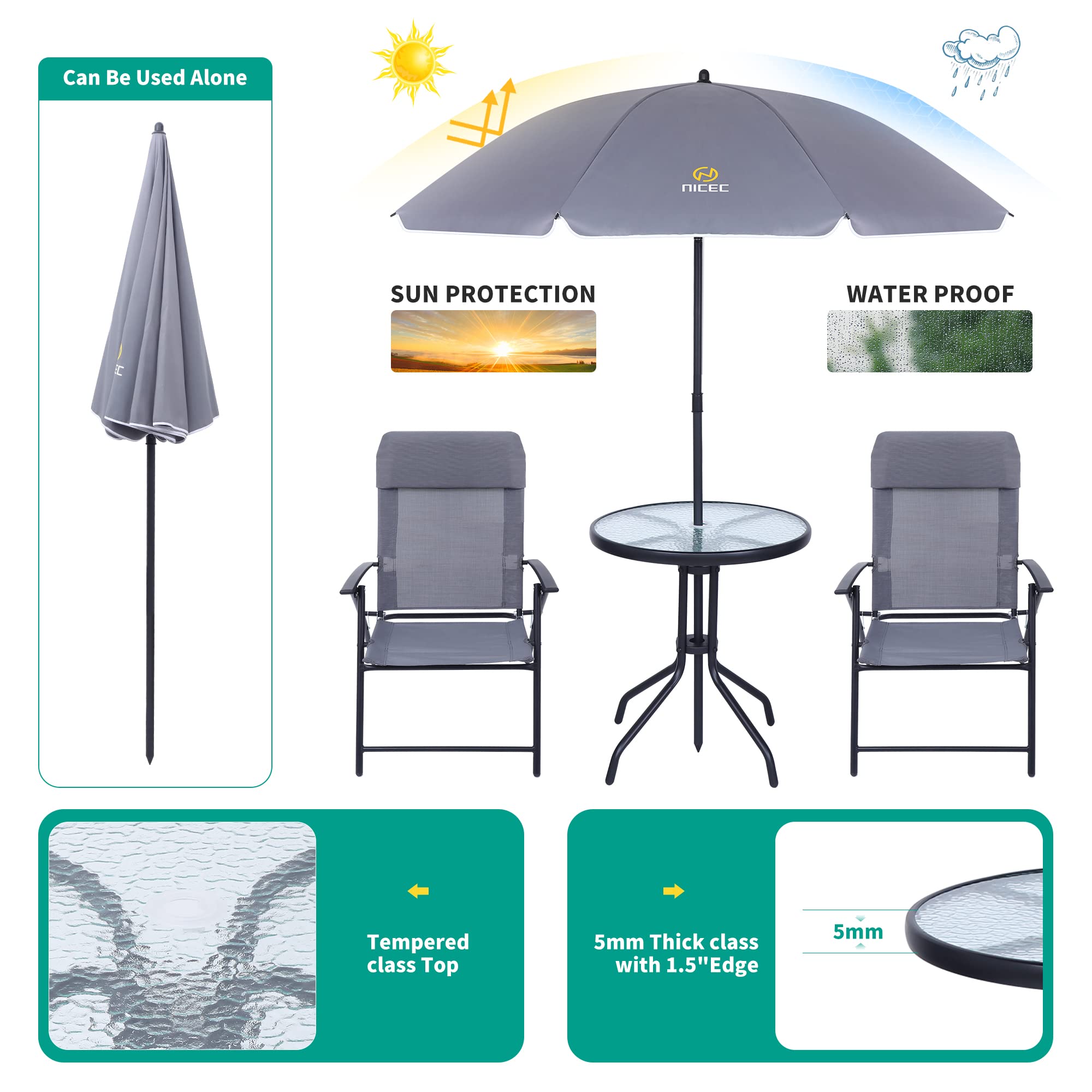 Premium 4-Piece Outdoor Patio Dining Set with Umbrella - Grey Glass Table & 2 Folding Chairs - Perfect for Garden, Backyard, Poolside & Balcony Relaxation