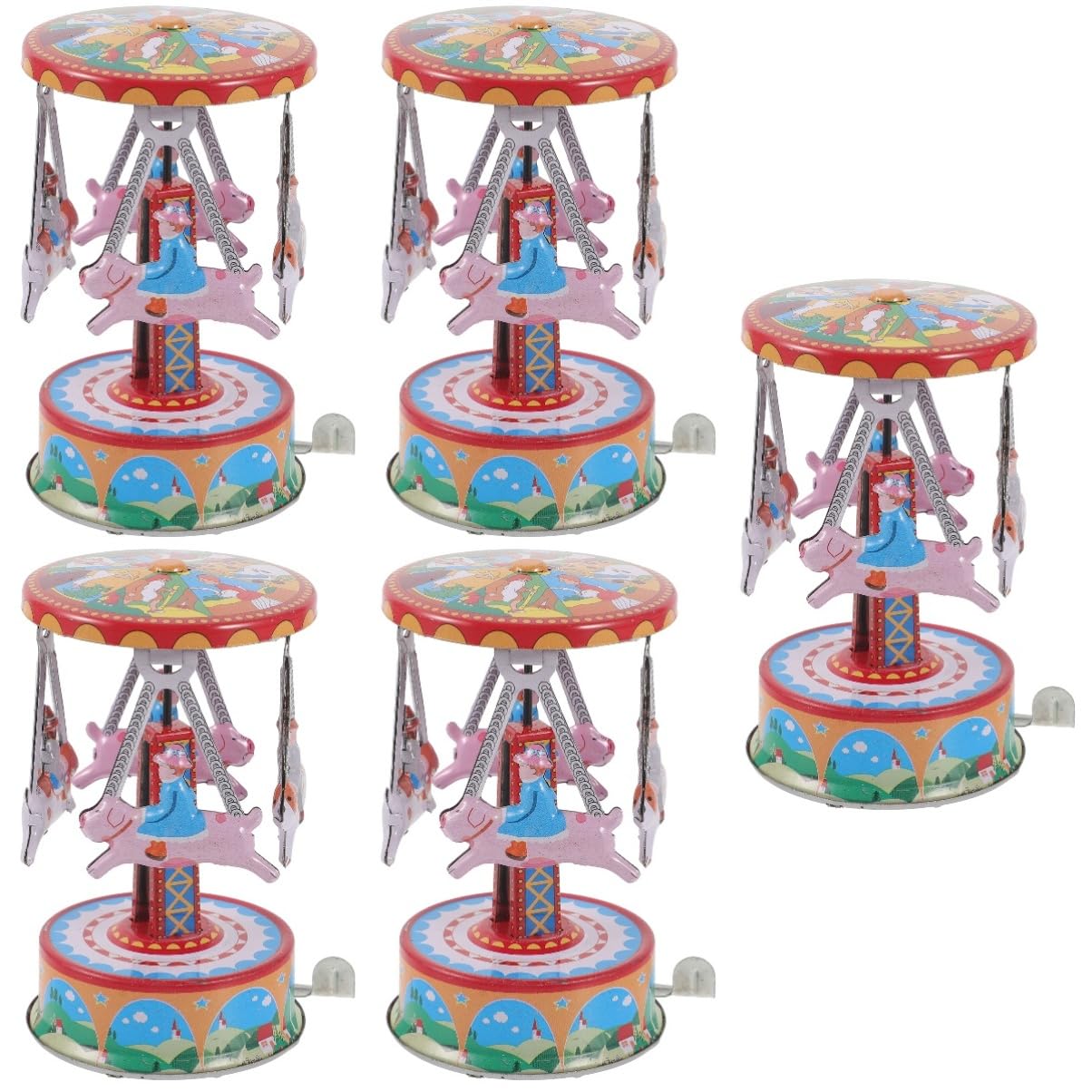 Vintage Tin Wind-Up Rotating Horse Figurine - 5pcs Set, Handcrafted Wrought Iron Desktop Sculpture, Classic Clockwork Toys for Kids & Collectors - Perfect for Home Decor, Office Desk Display, and Vintage Toy Collections