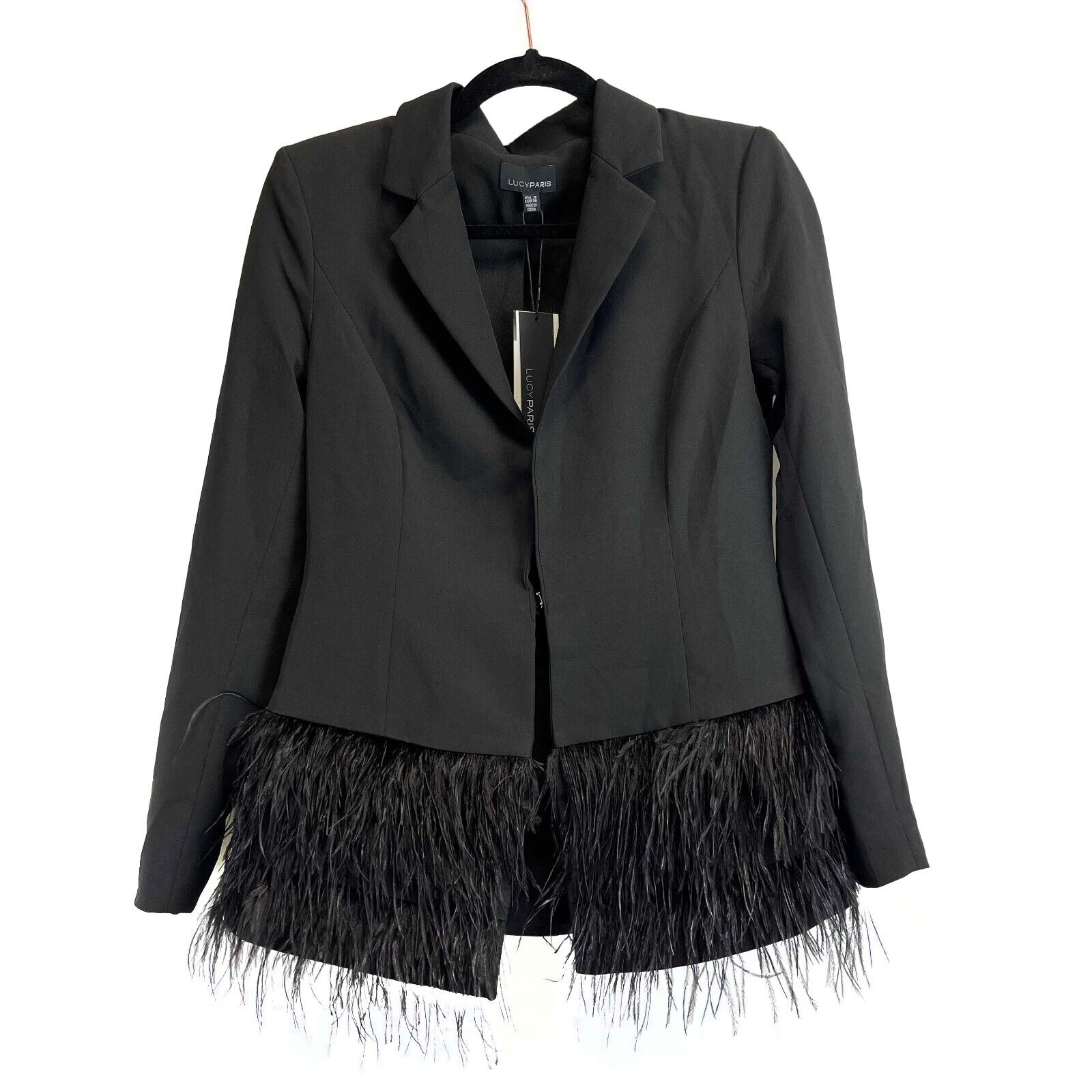 Lucy Paris Feather Trim Blazer Jacket - Black Small | New with Tags | Perfect for Office Wear, Evening Events & Special Occasions