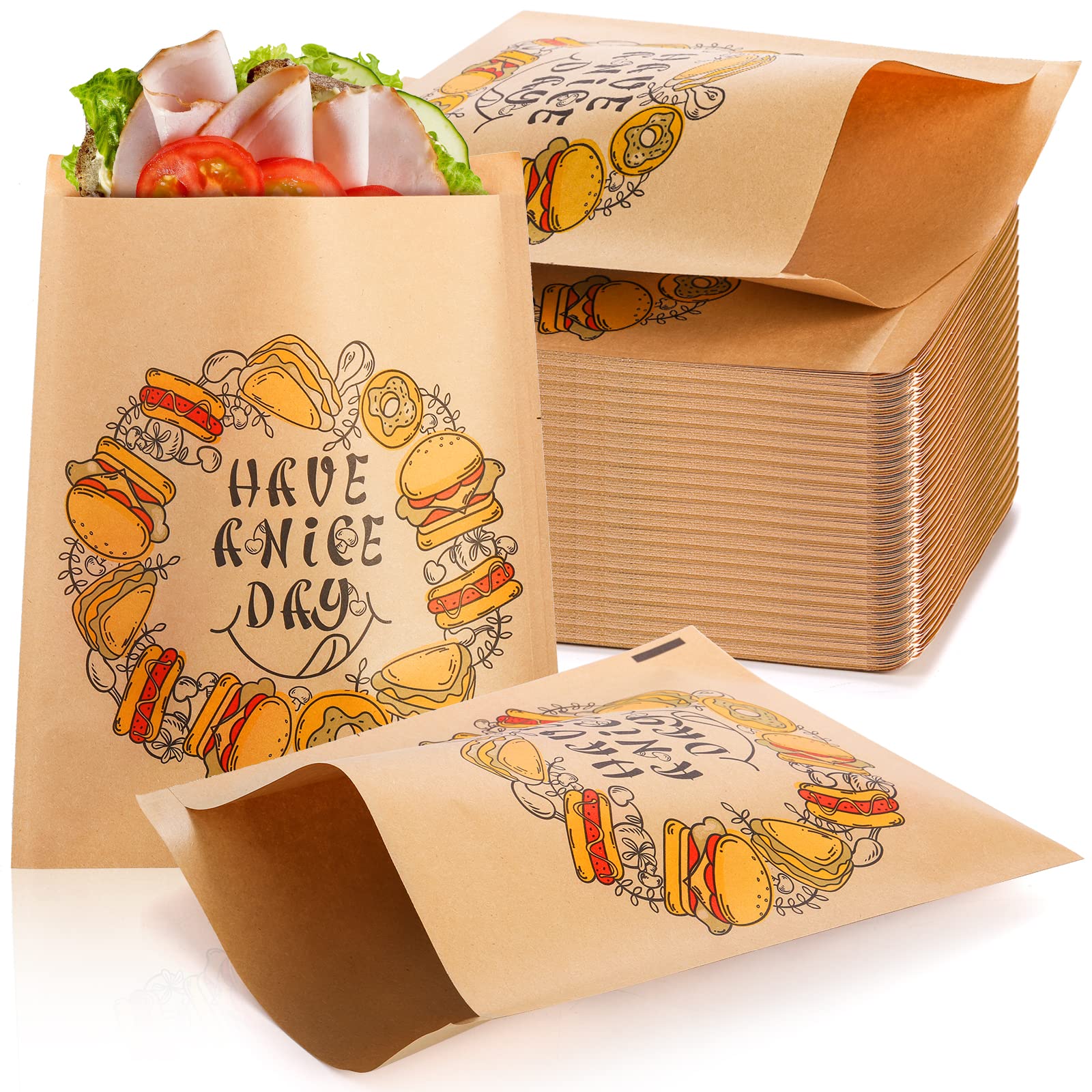 Nicunom 500 Pack Kraft Paper Sandwich Bags - Greaseproof Wax Paper Snack Bags for Bakery, Cookies, Donuts & Party Favors | Eco-Friendly Food Storage & Packing Solution for Picnics, School Lunches & Catering Events